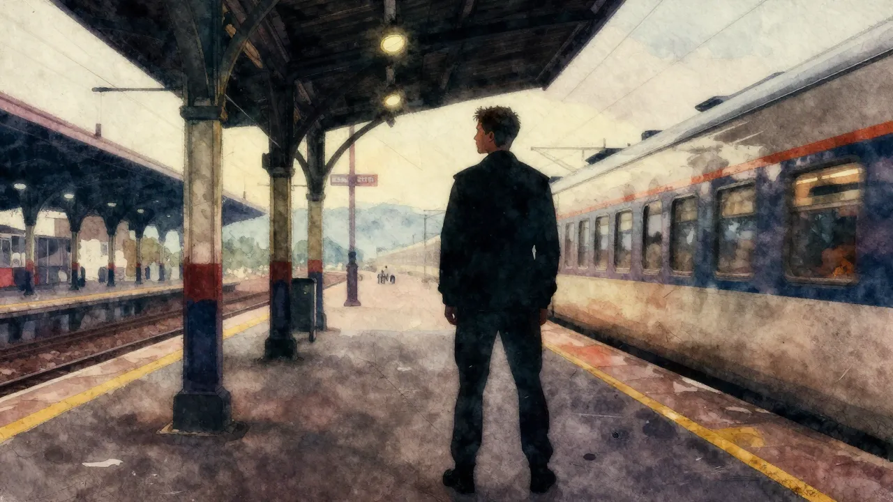 Vibrant watercolor style. A silhouette of a young man standi...