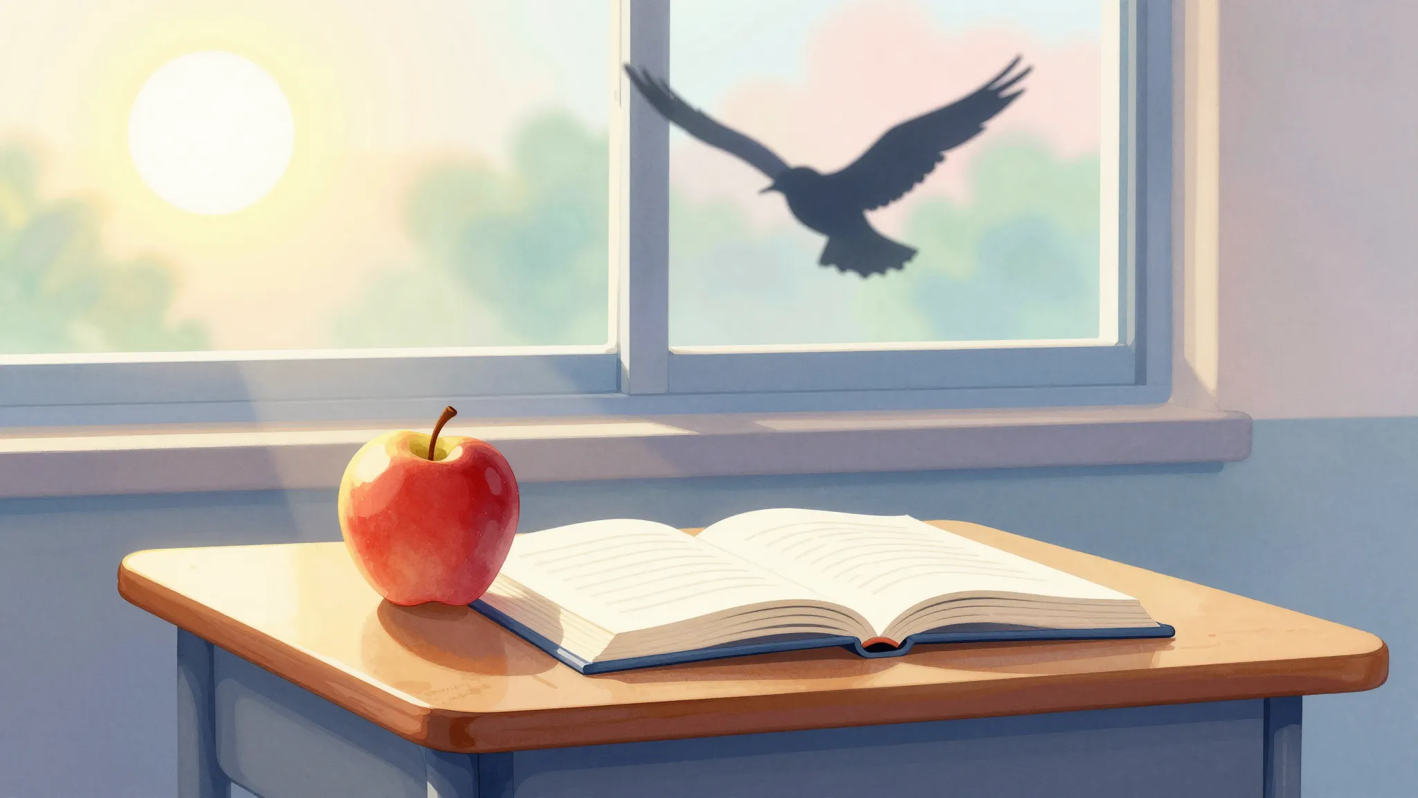 Watercolor style. A bright sun shining over a school desk wi...