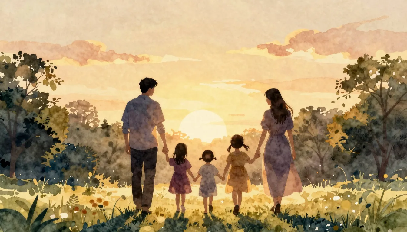 Watercolor style. Silhouettes of a big family, a man, a woma...