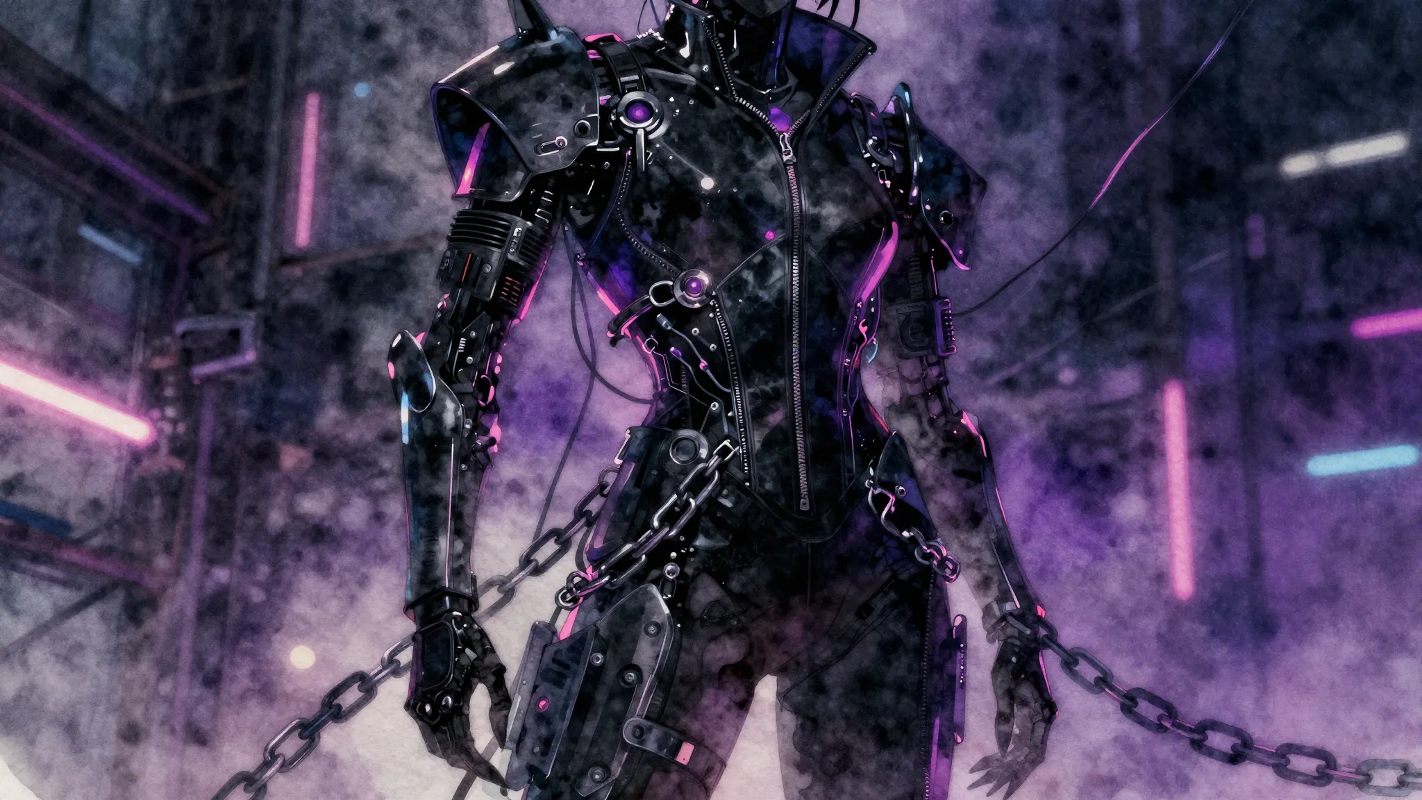 Vibrant watercolor style. Cyberpunk aesthetic, dark atmosphe...