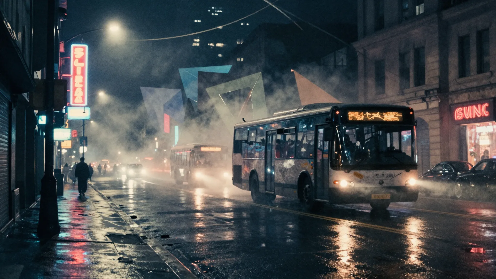 Watercolor style. Dark city street at night, glowing neon li...