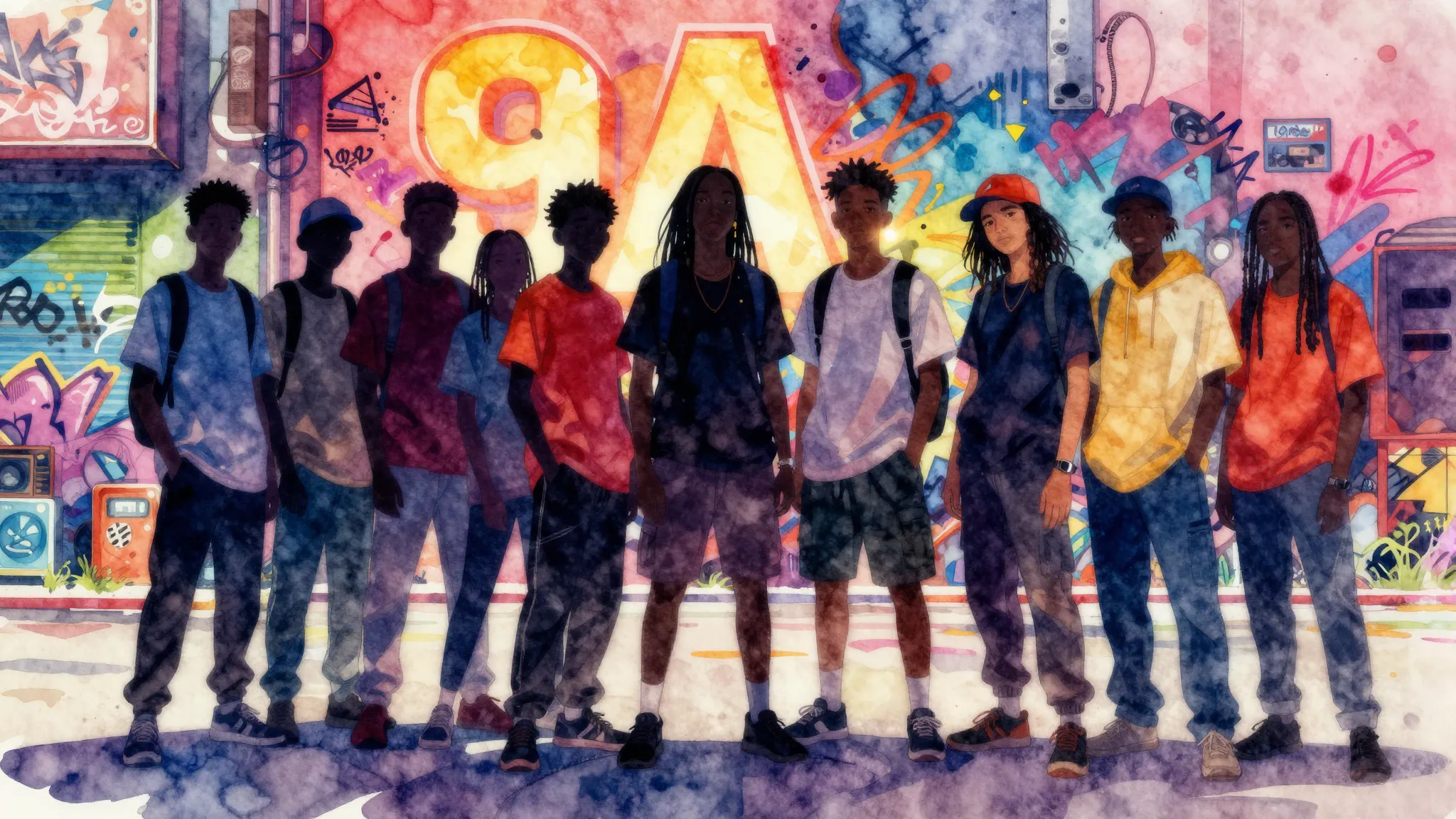 Vibrant watercolor style. Hip-hop style album cover, a silho...