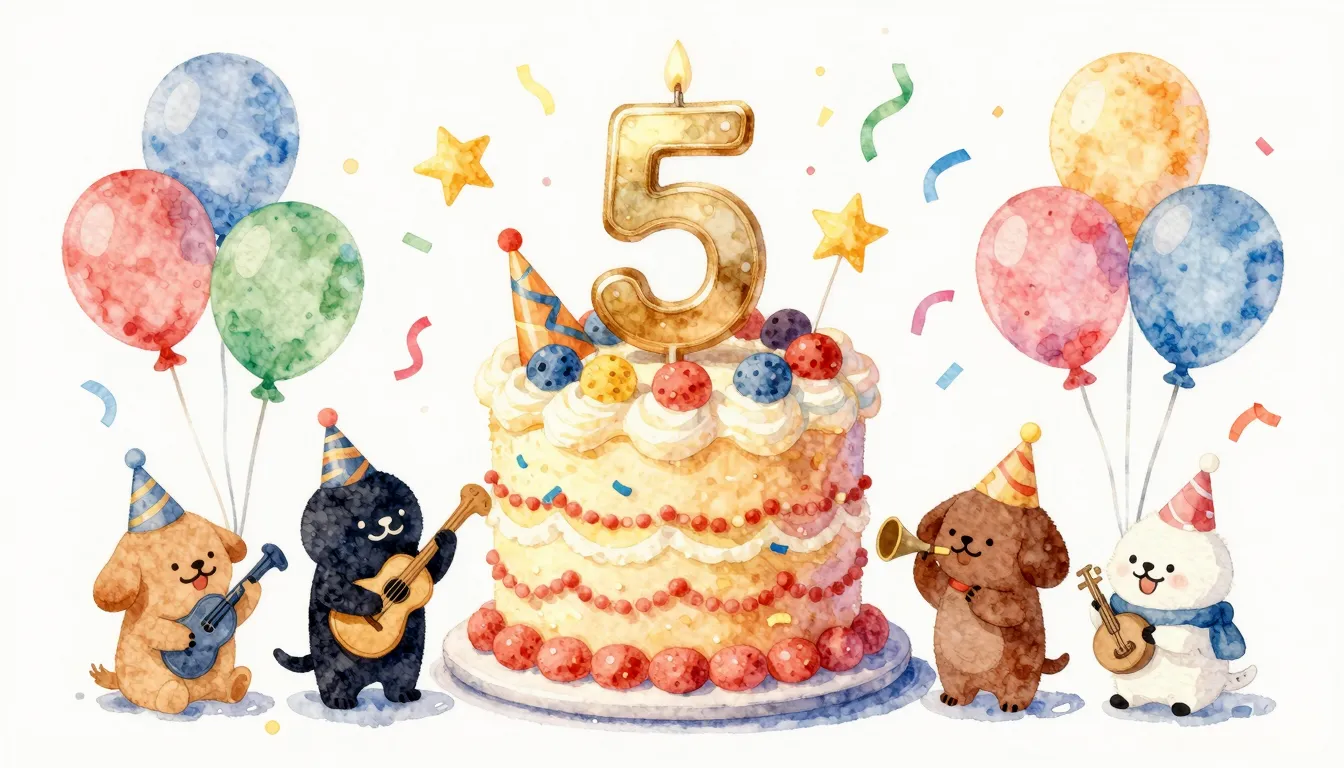 Watercolor style. A festive birthday cake with the number 5 ...