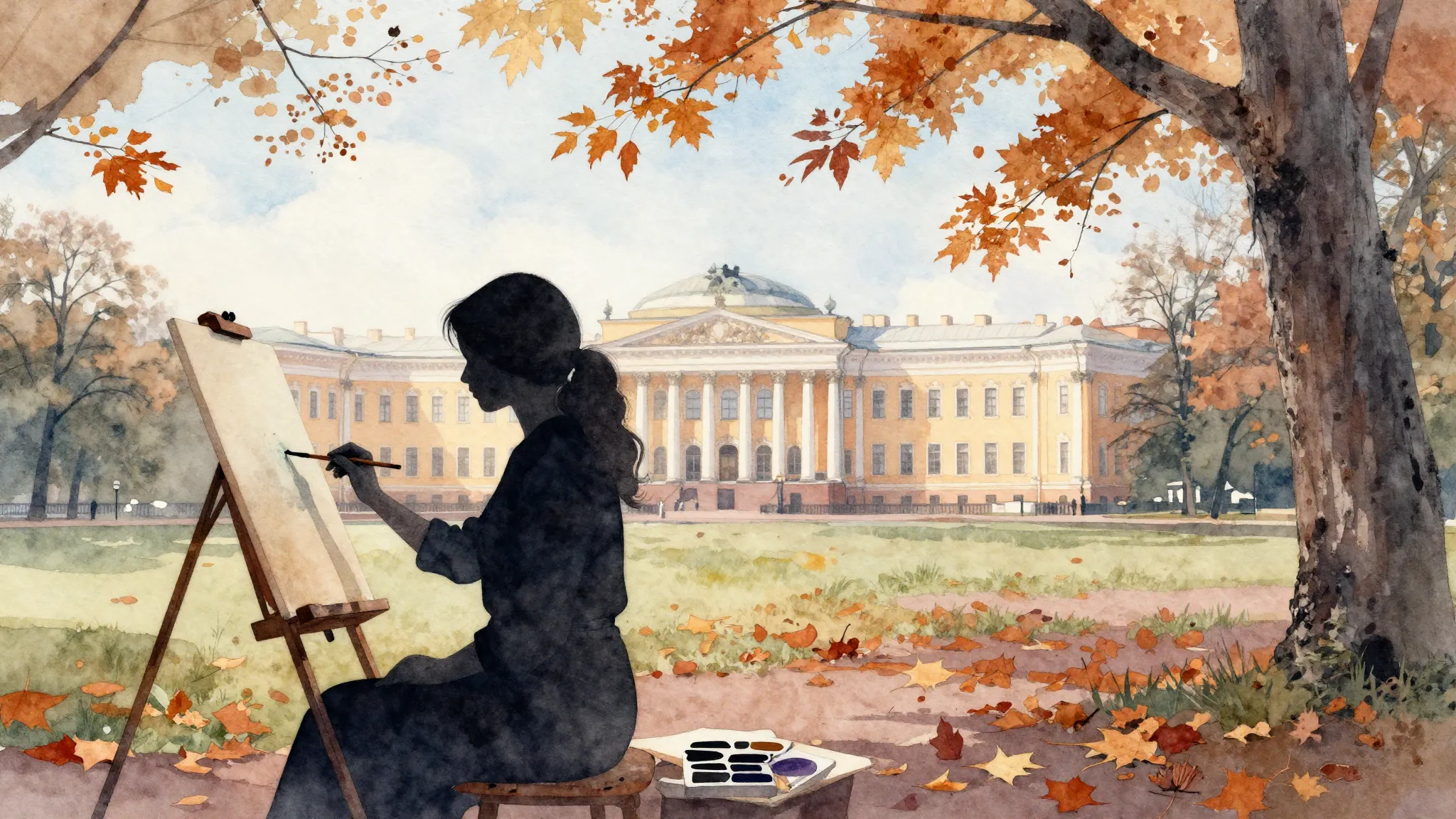 Watercolor style. A beautiful silhouette of a woman painting...