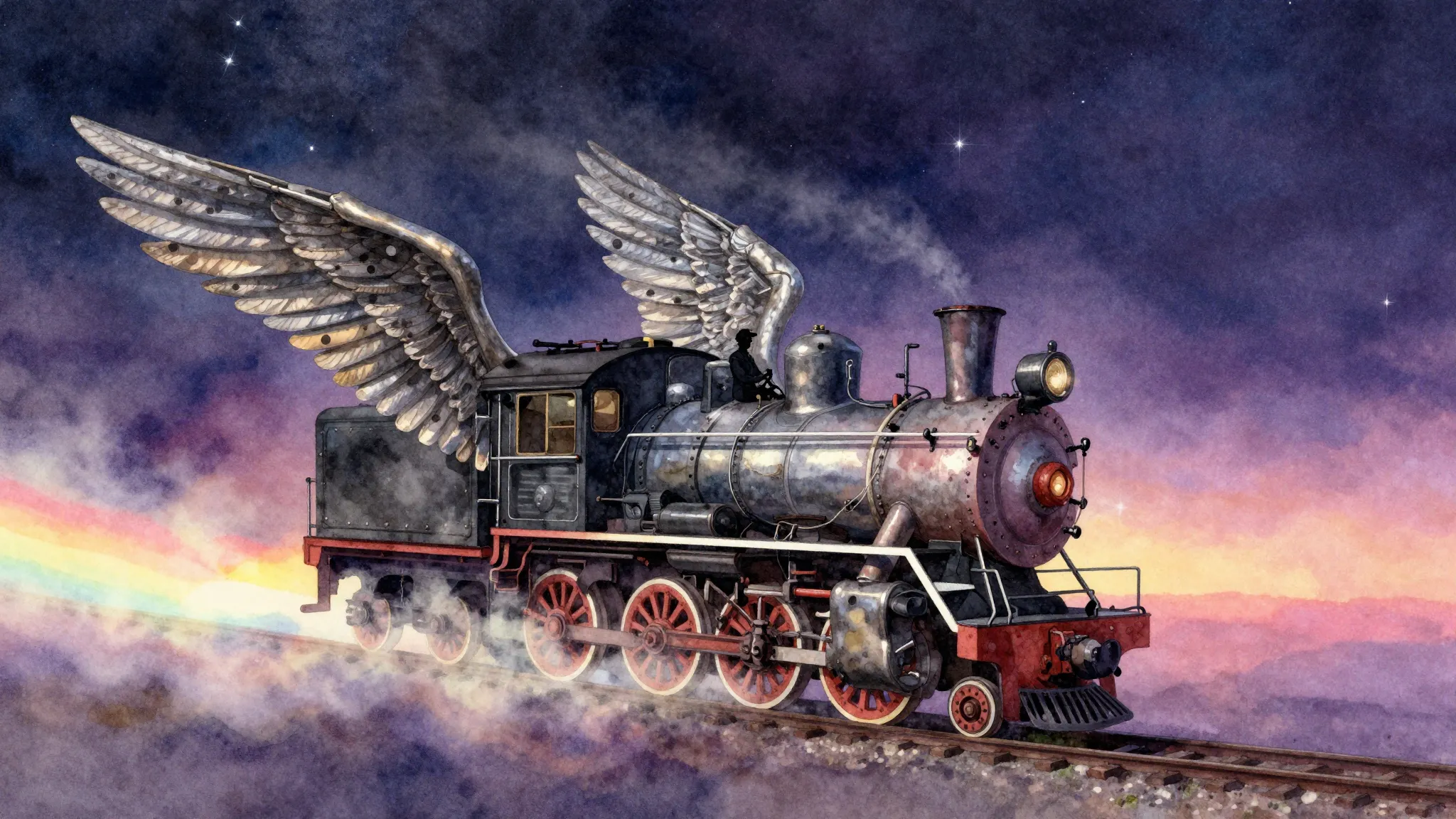 Vibrant watercolor style. A surreal steam locomotive with st...