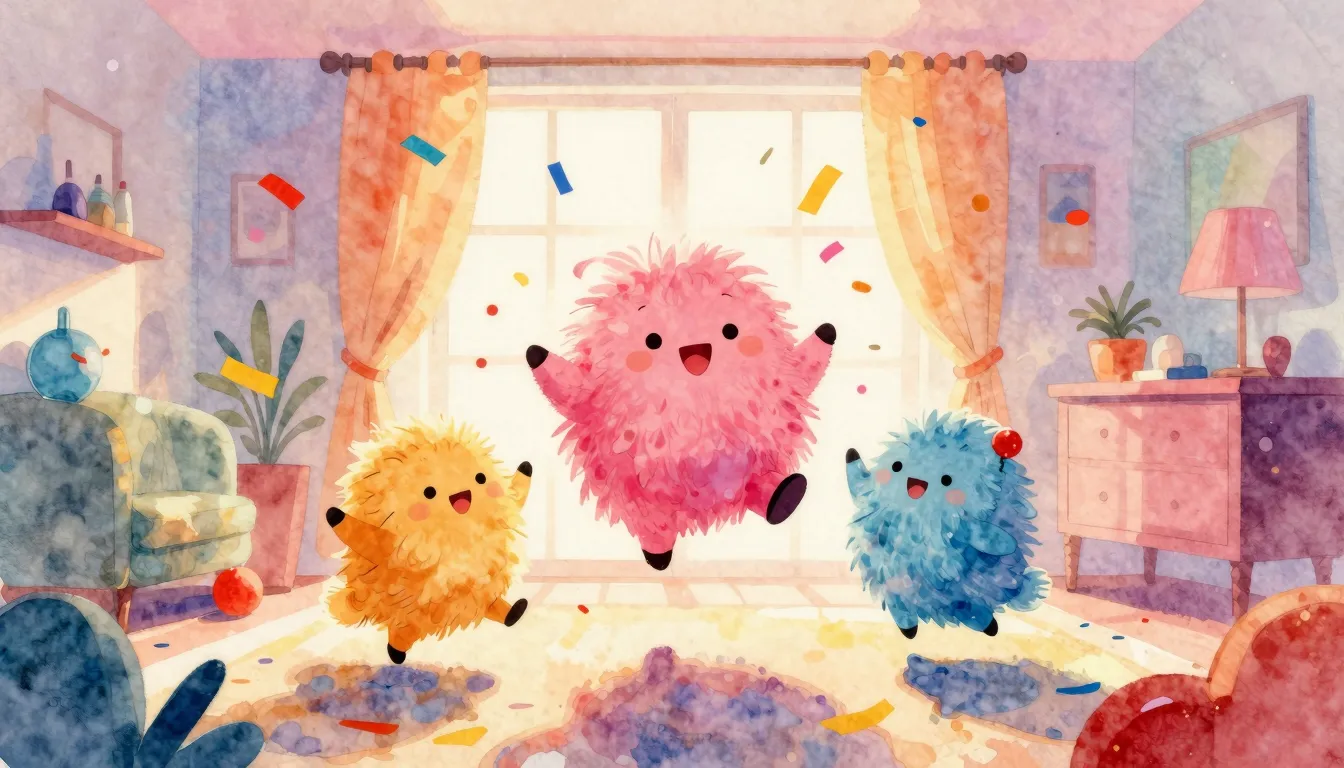 Vibrant watercolor style. Whimsical fluffy creatures dancing...