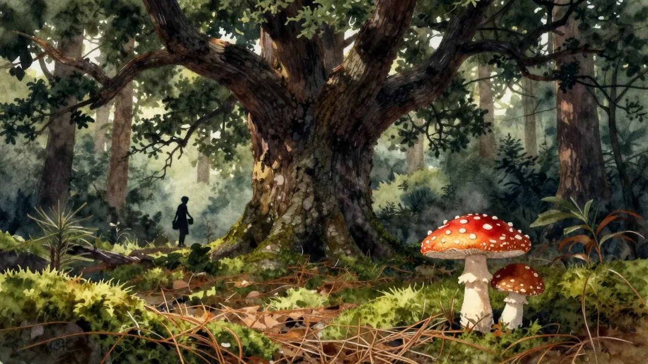 Watercolor style. A dark forest scene with a large old oak t...