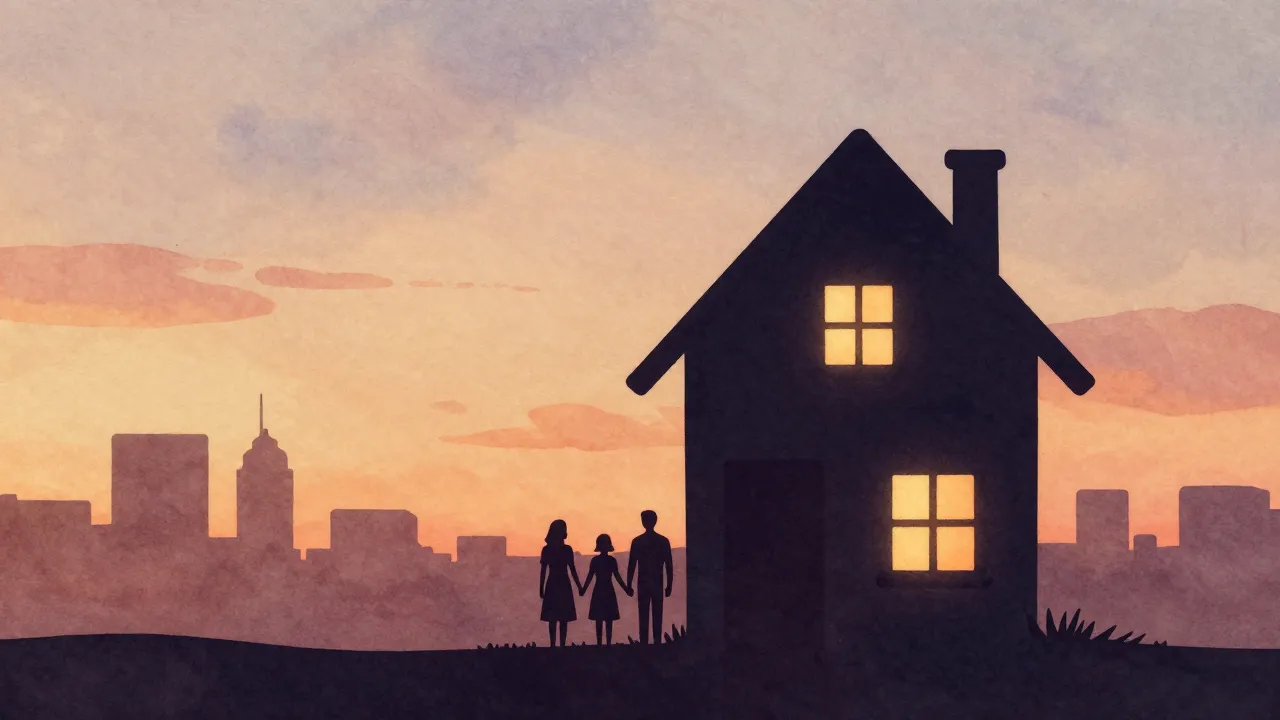 Watercolor style. A cozy house silhouette at sunset, warm gl...