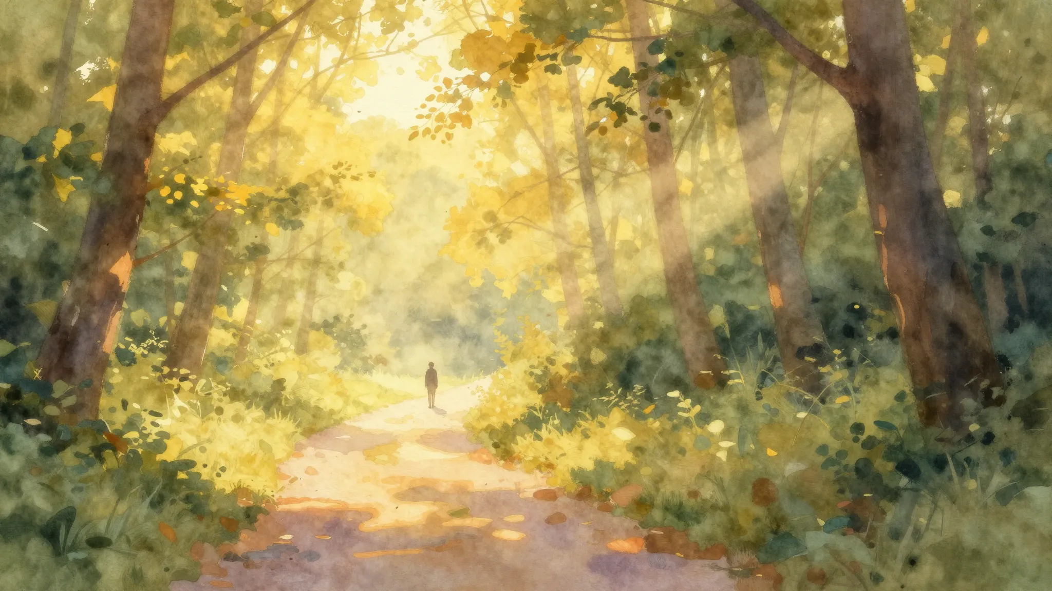 Vibrant watercolor style. A serene folk-inspired landscape a...
