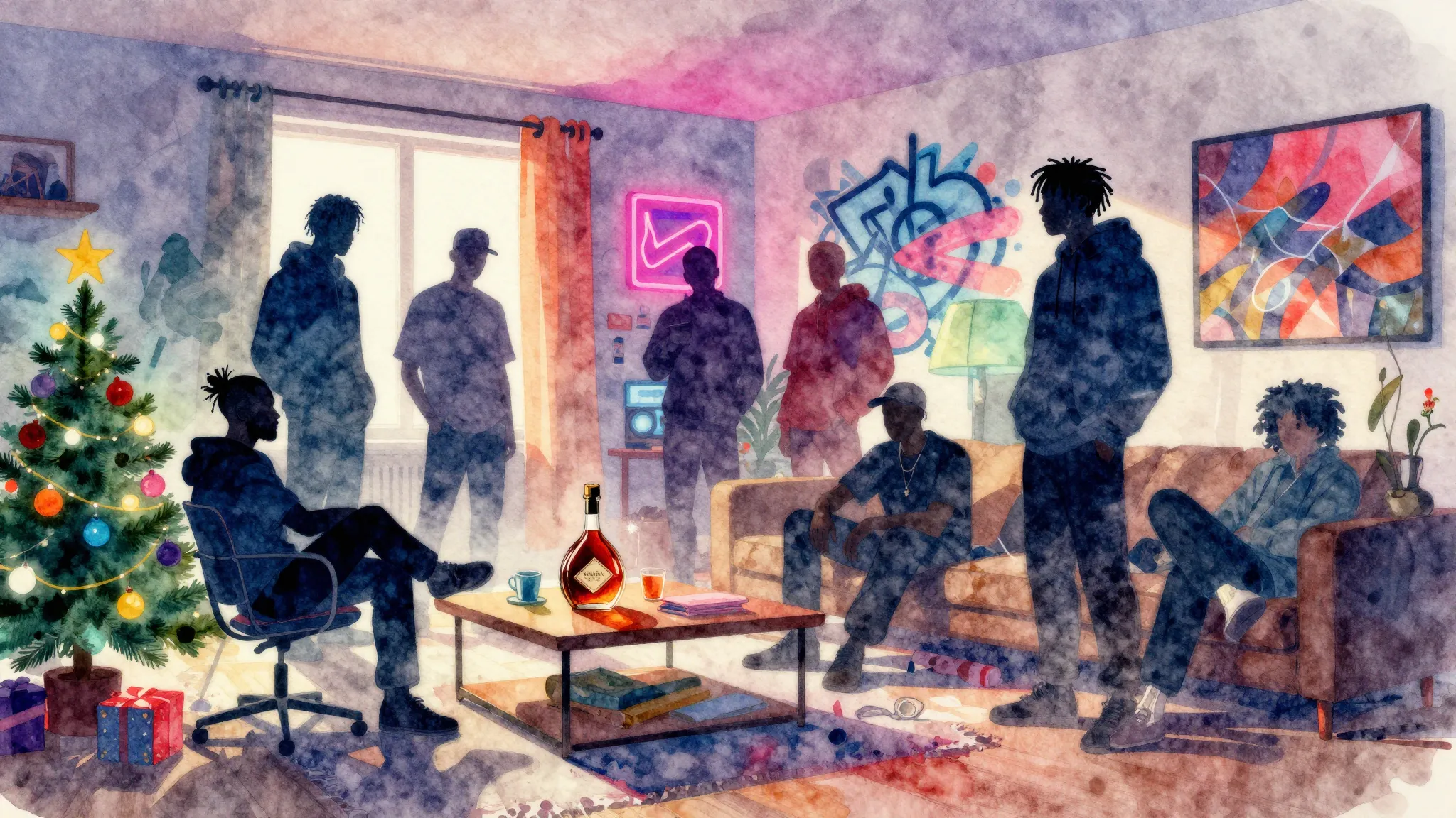 Vibrant watercolor style. A group of diverse silhouettes han...