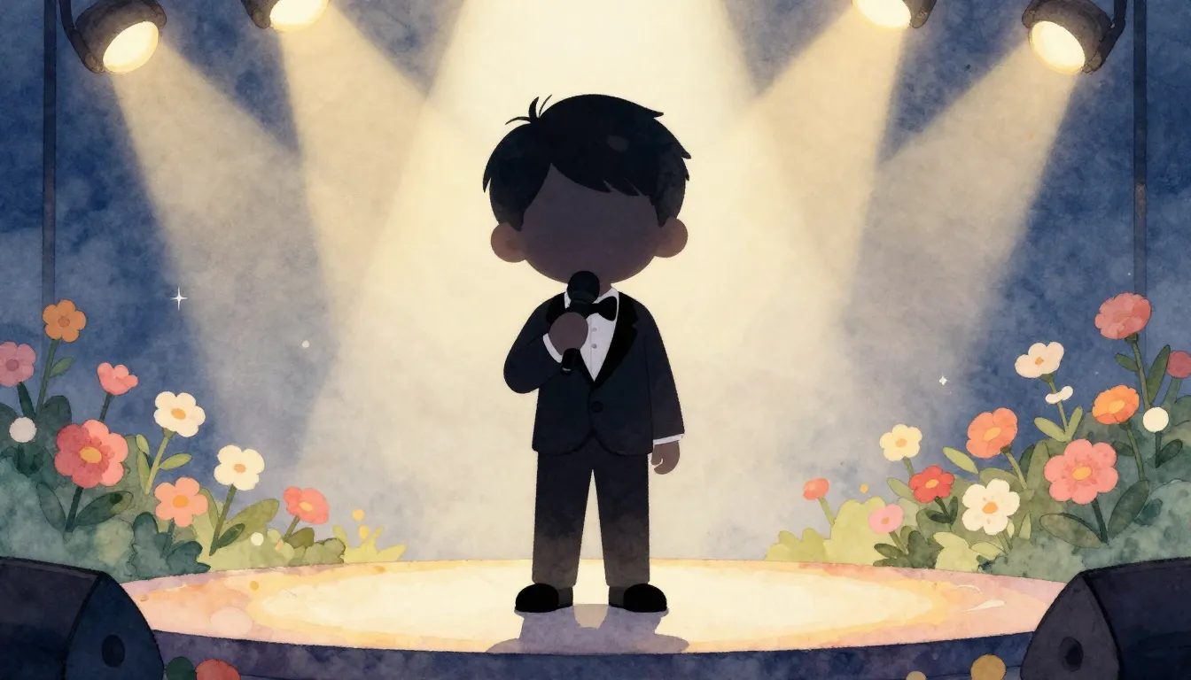 Watercolor style. A little boy in a tuxedo standing on a sta...