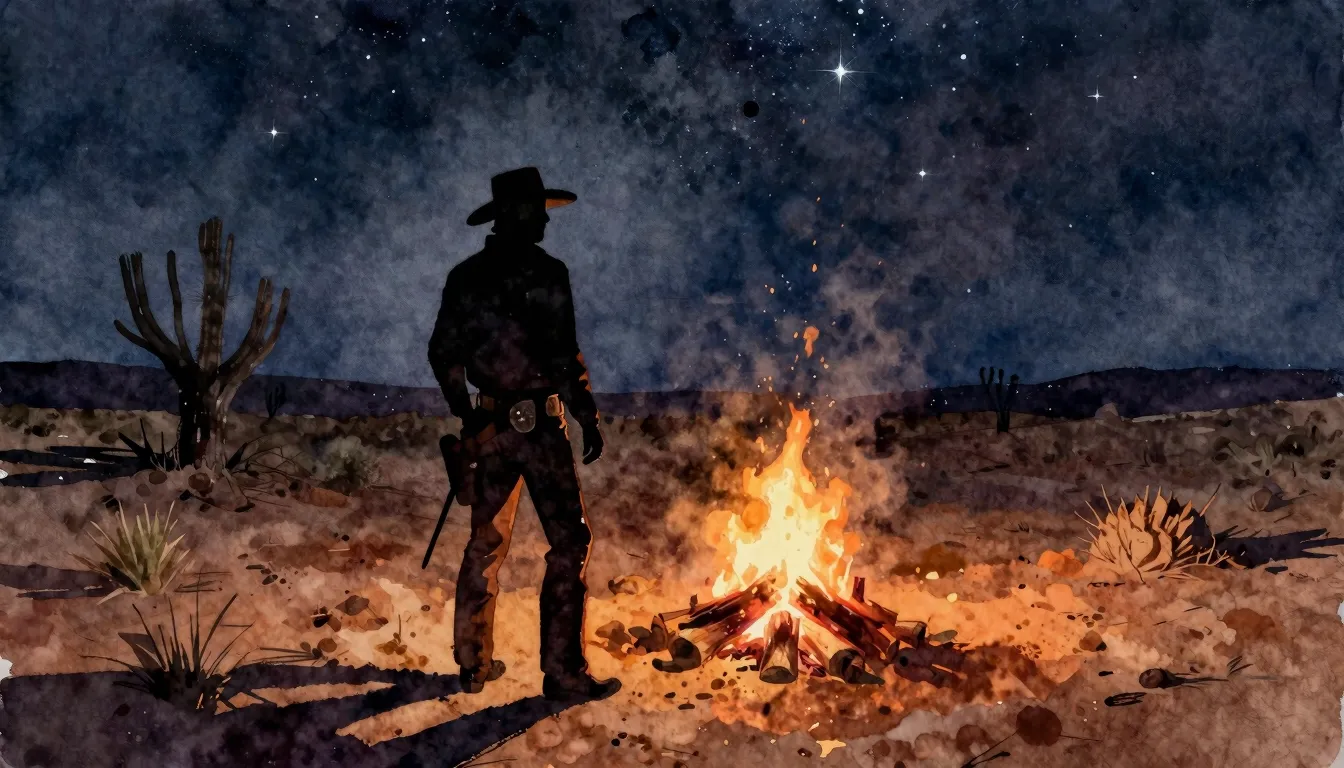 Watercolor style. Silhouette of a cowboy by a campfire at ni...