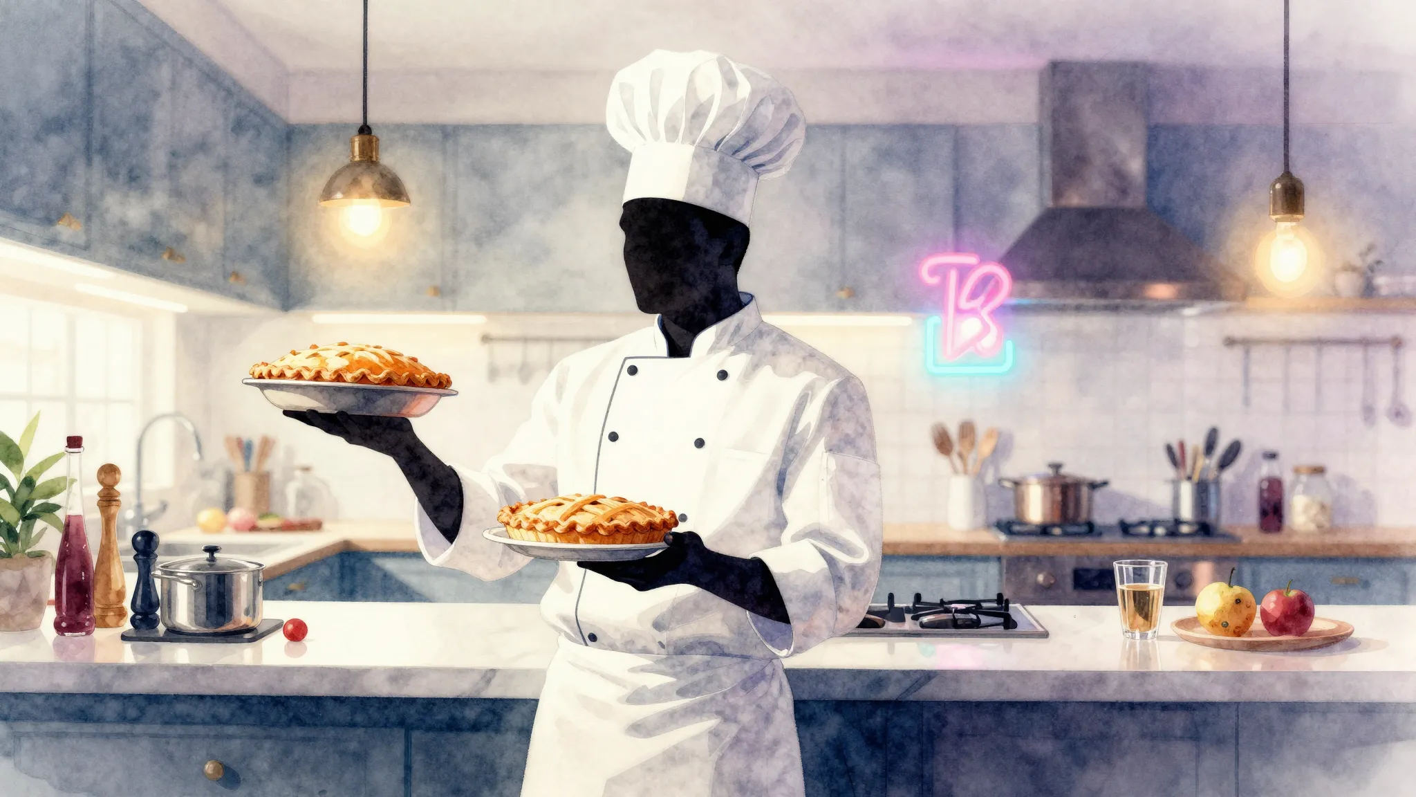 Watercolor style. A silhouette of a chef holding a pie, stan...