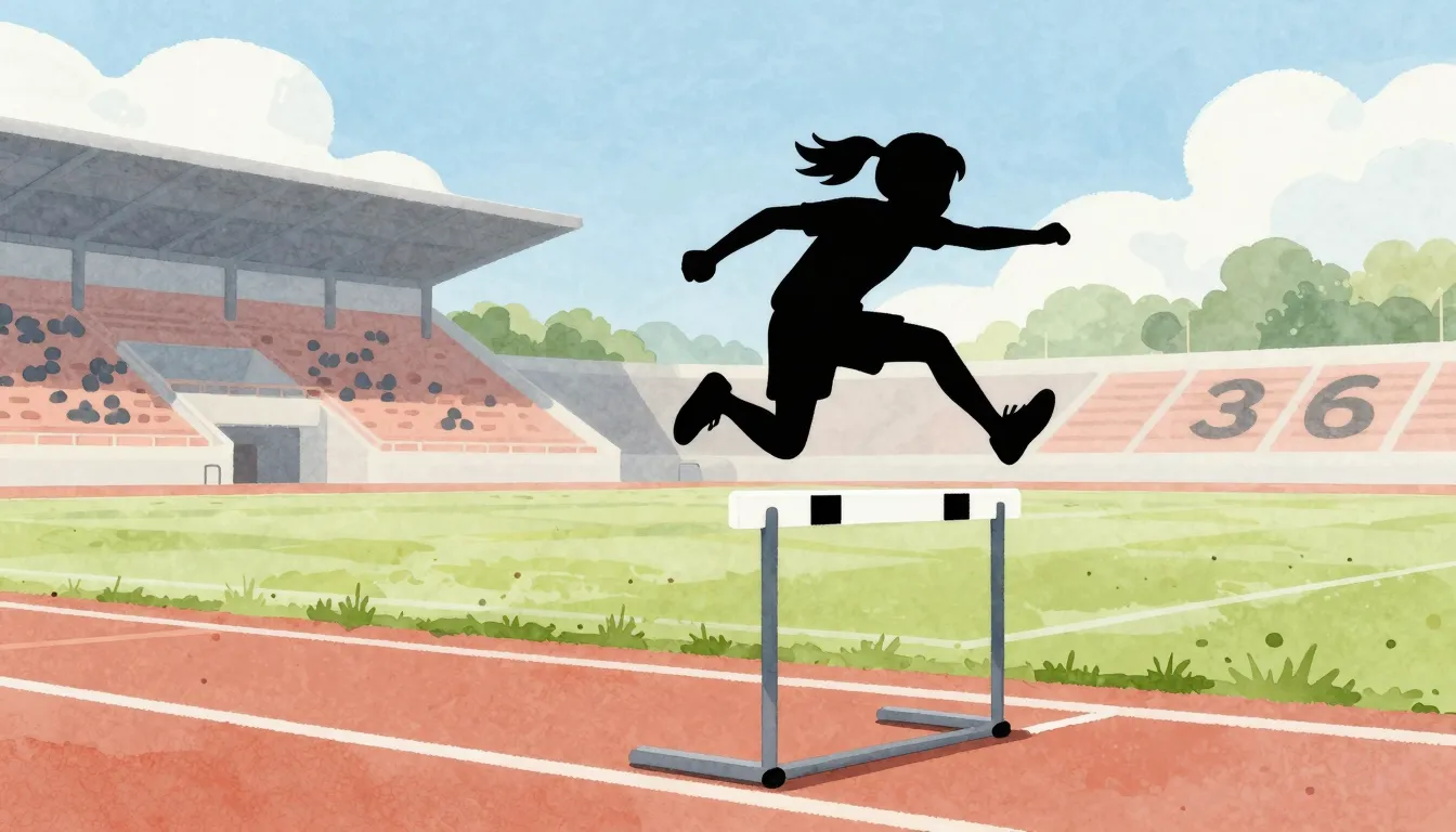 Watercolor style. Silhouette of a child jumping over a hurdl...