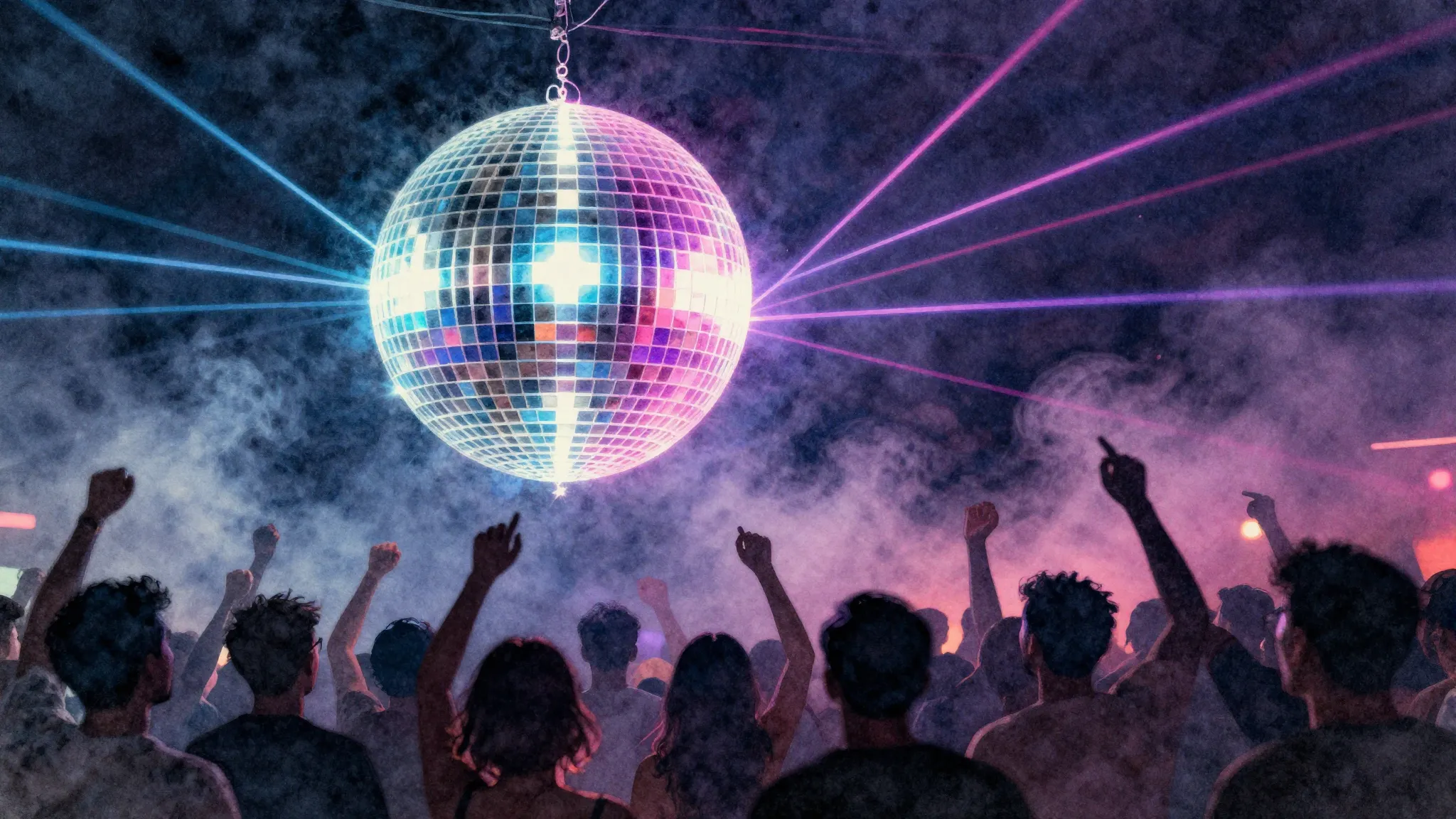 Watercolor style. Neon glowing disco ball in a dark setting,...