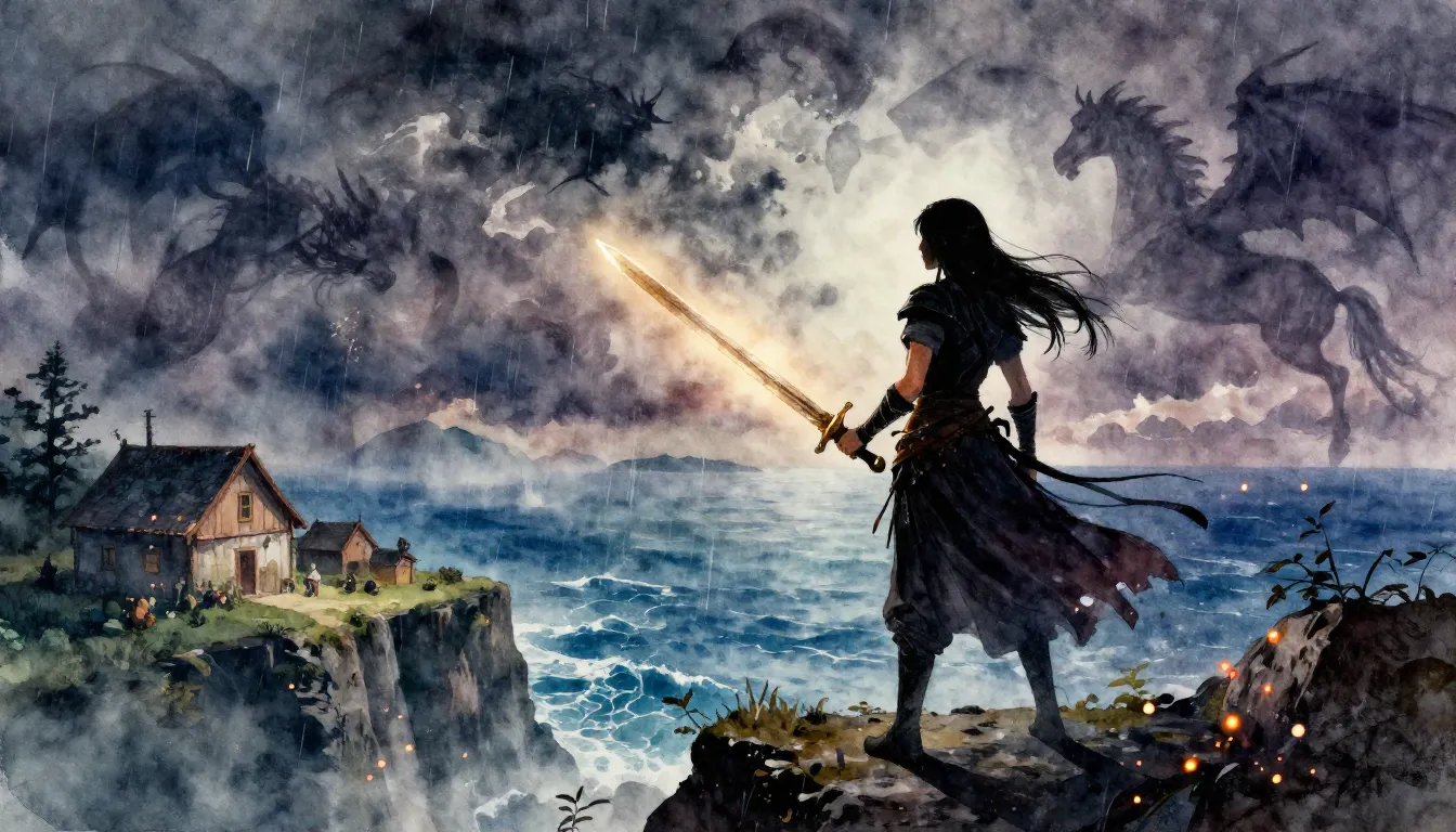 Vibrant watercolor style. A cinematic silhouette of a warrio...