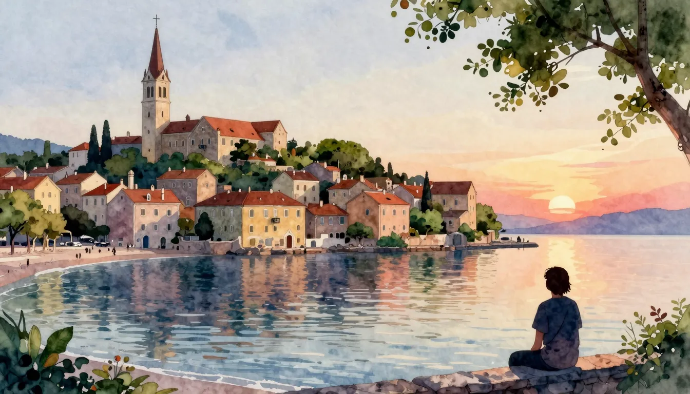 Watercolor style. Beautiful old European town near the sea, ...