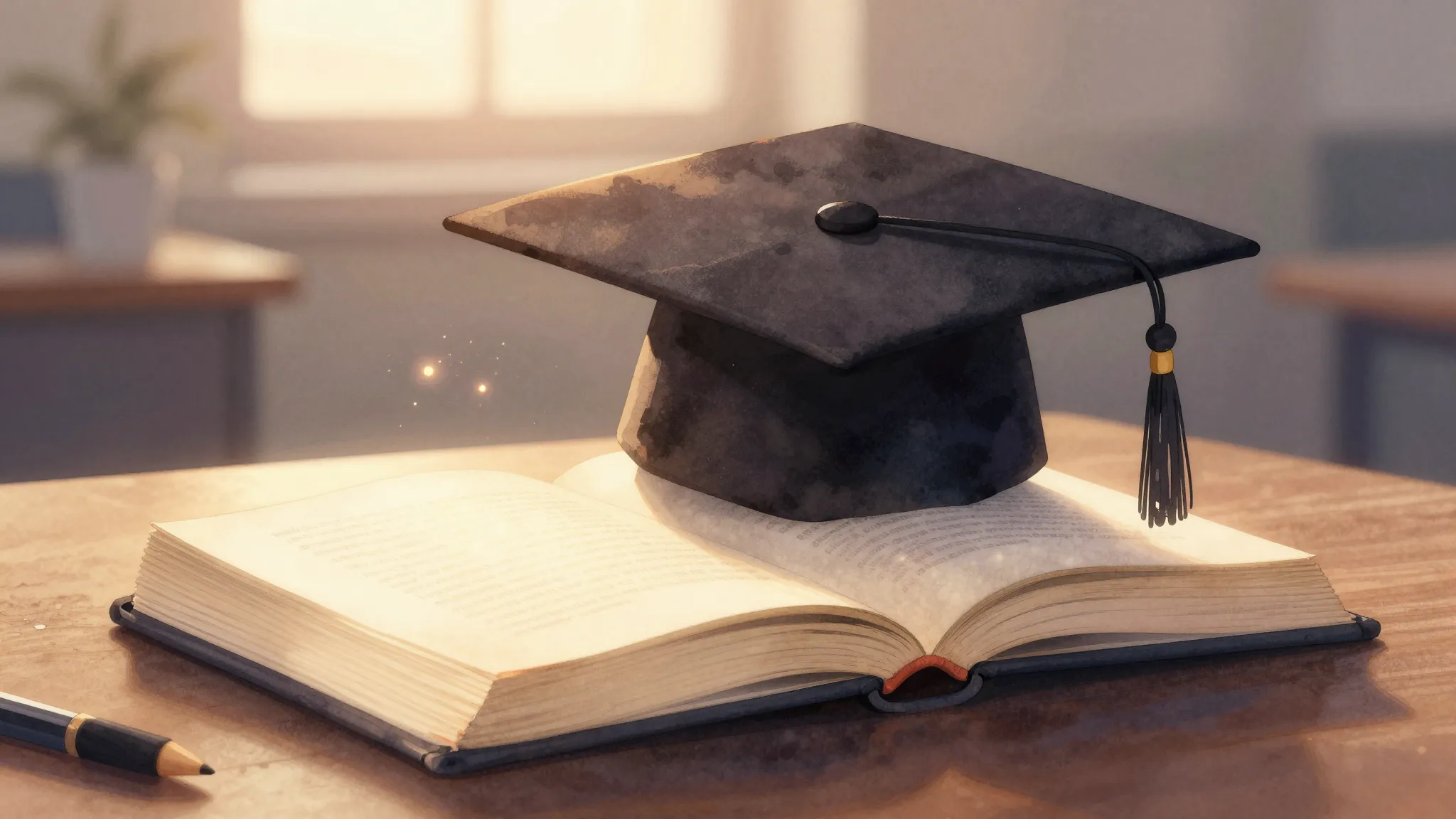 Watercolor style. Silhouette of a graduation cap and a glowi...