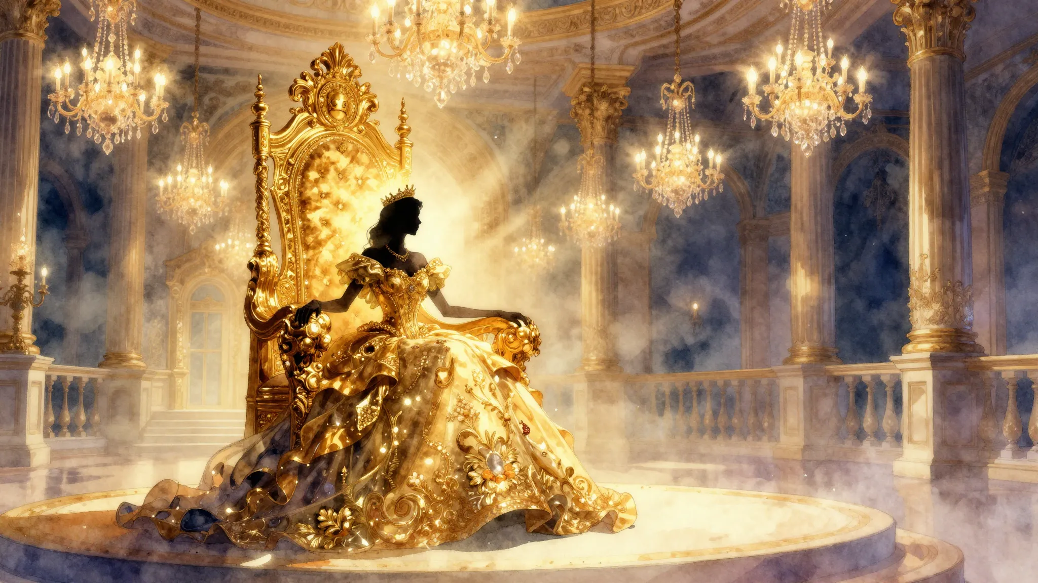 Watercolor style. A majestic golden throne in a grand ballro...