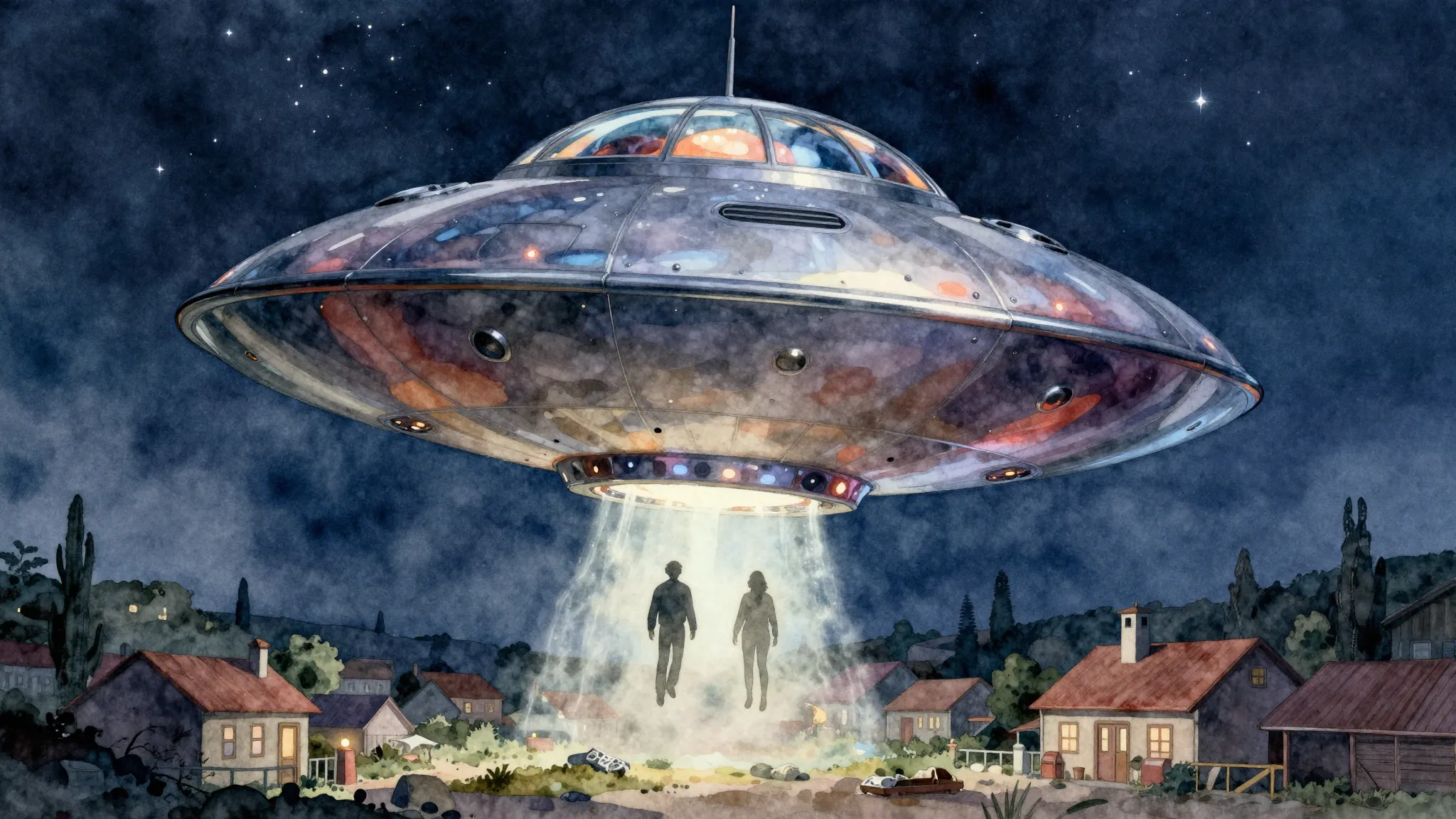 Watercolor style. A shiny metallic flying saucer hovering ov...