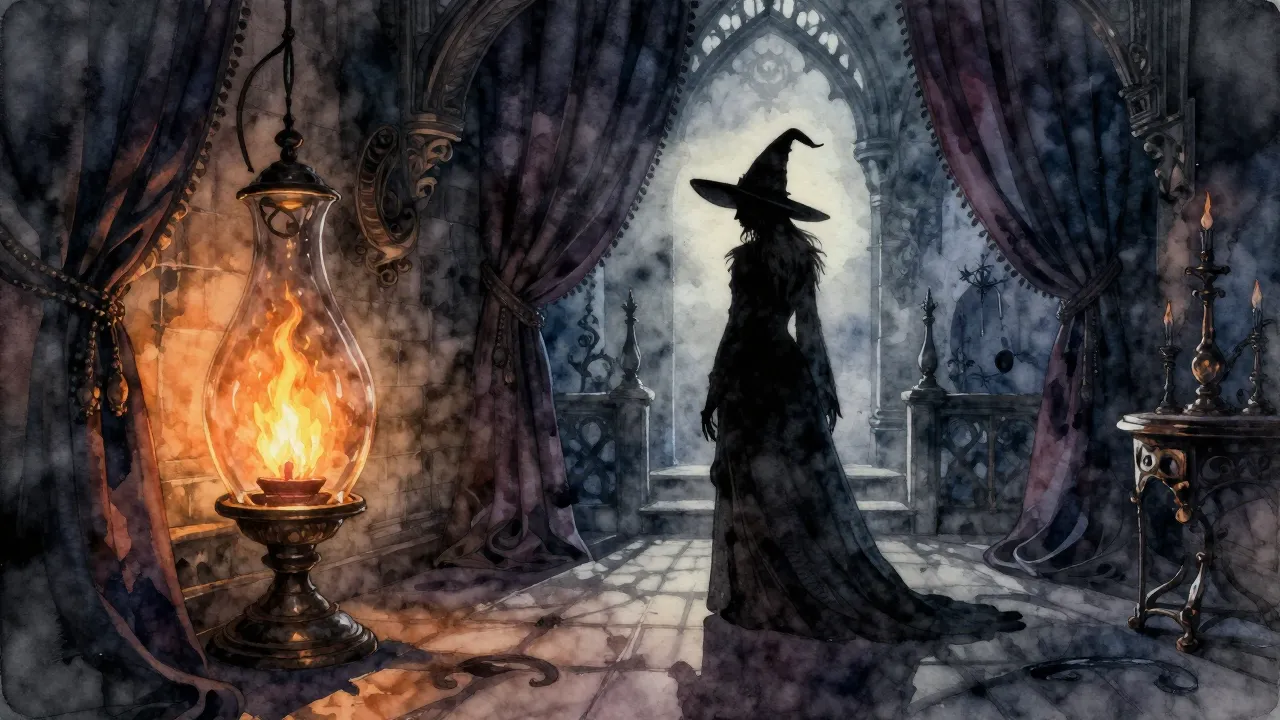 Watercolor style. Dark gothic castle interior, heavy curtain...