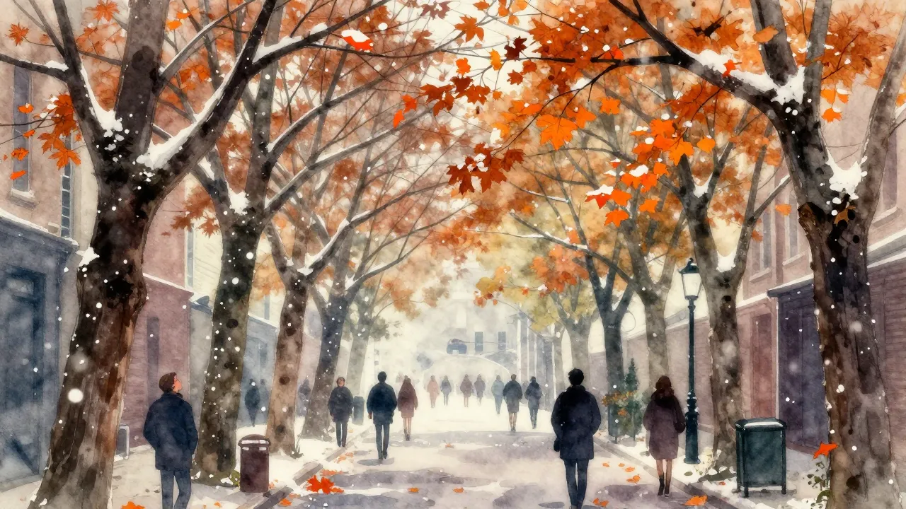 Watercolor style. A quiet autumn city street with falling sn...