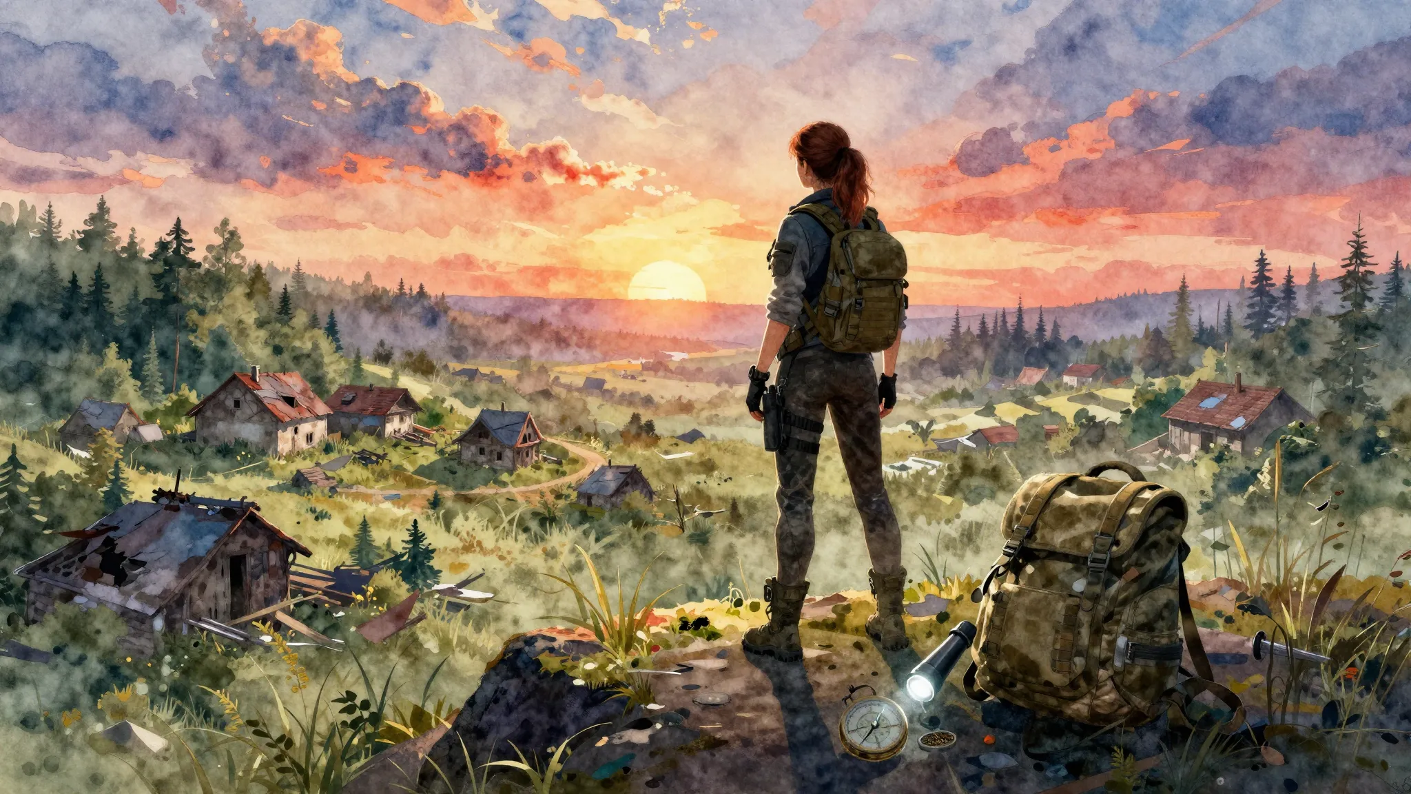 Vibrant watercolor style. Atmospheric survival game cover, a...