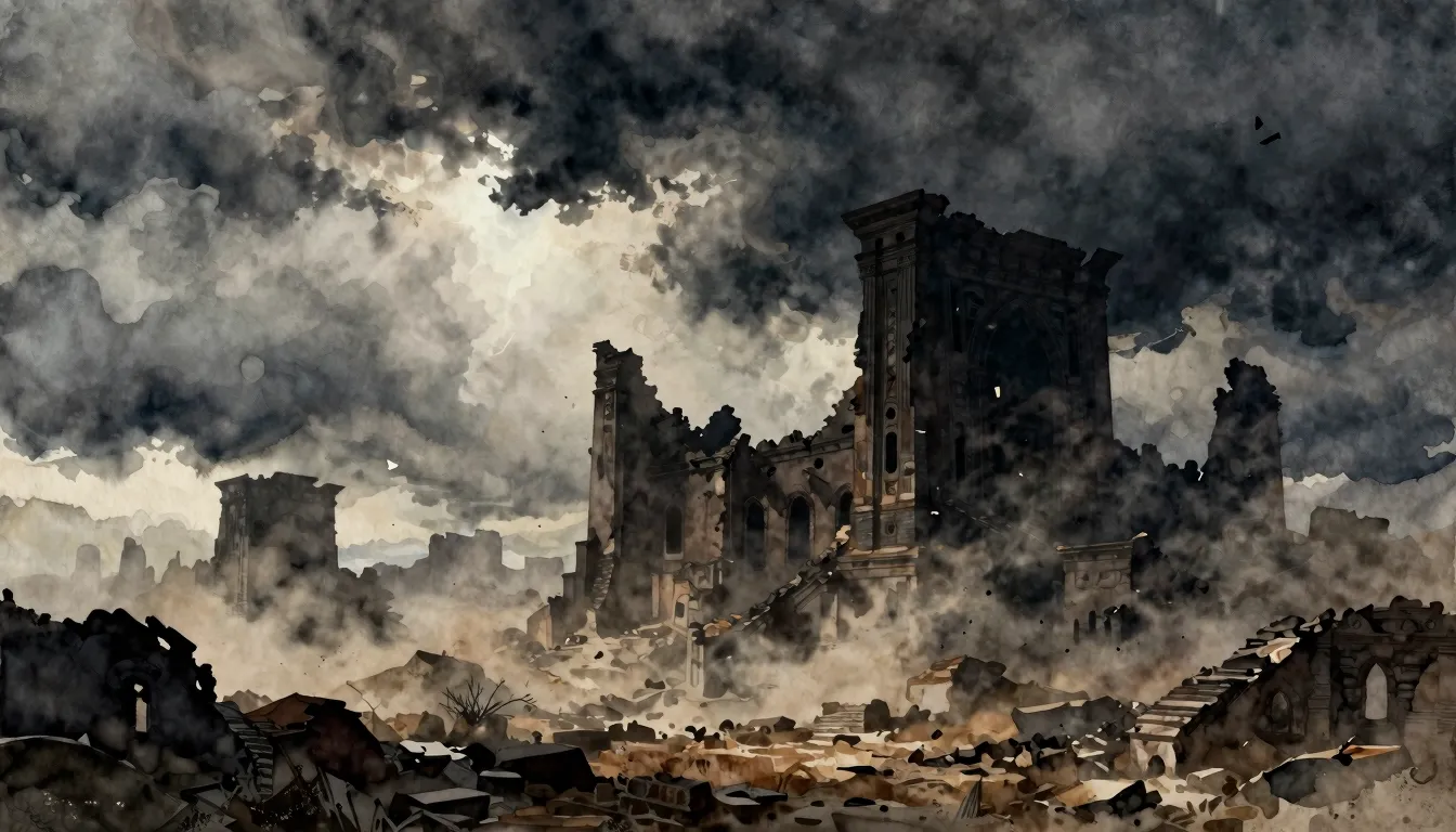 Watercolor style. Dark silhouettes of ruined ancient buildin...