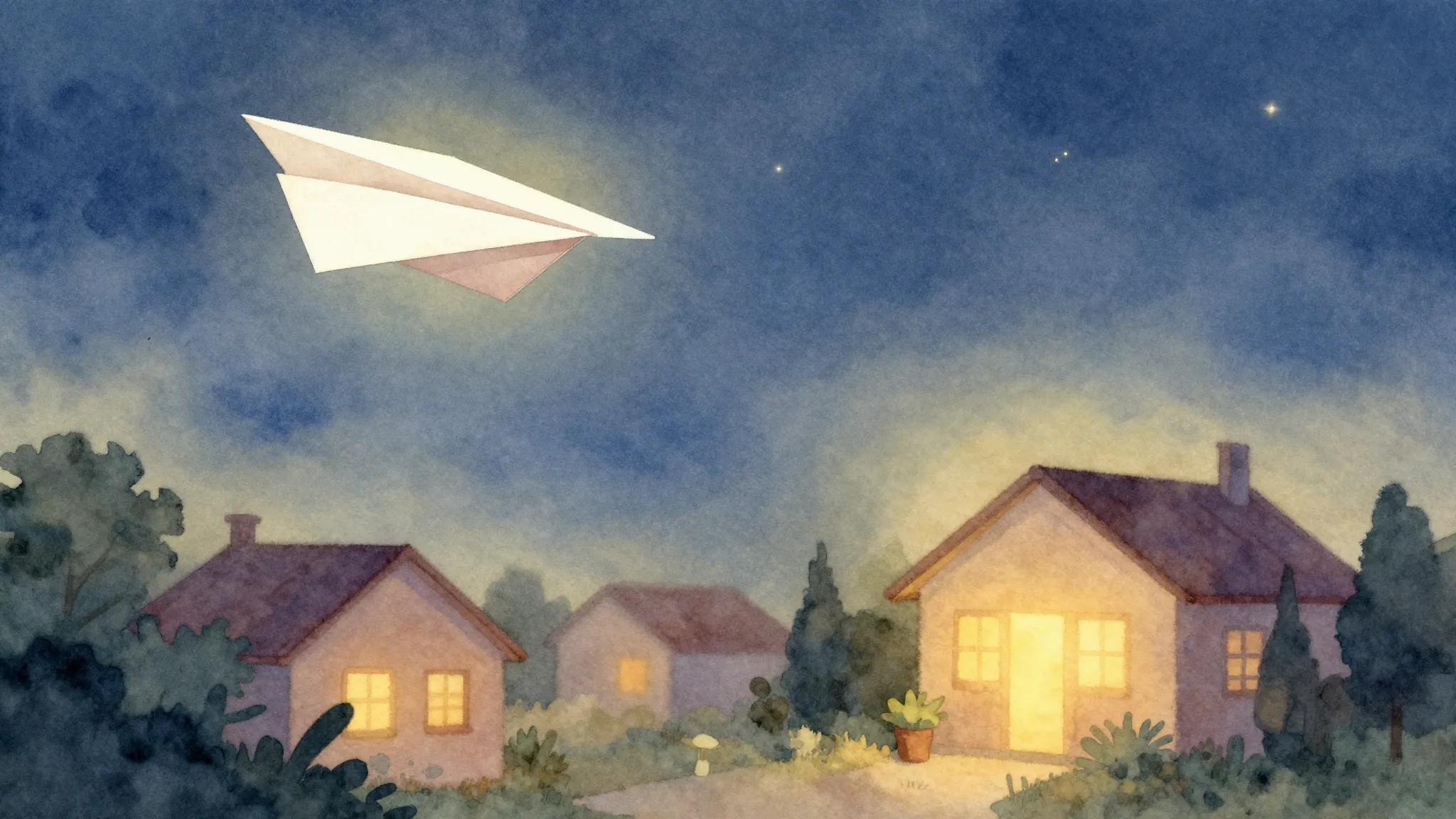 Vibrant watercolor style. A simple paper airplane flying thr...