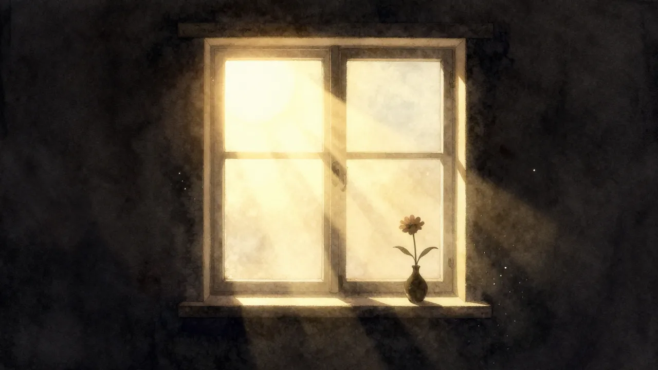 Watercolor style. A glowing sunbeam entering a dark room thr...