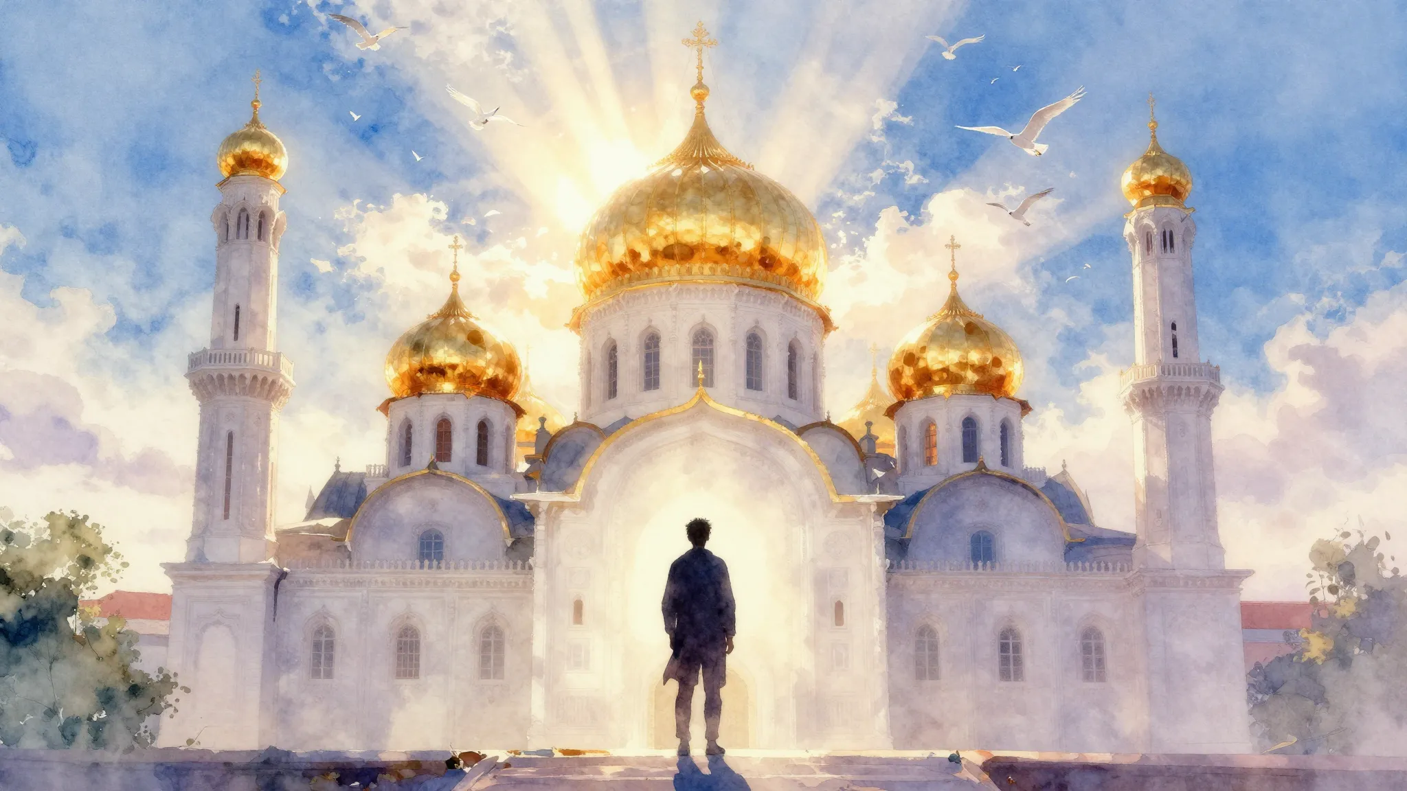 Vibrant watercolor style. A silhouette of a person standing ...