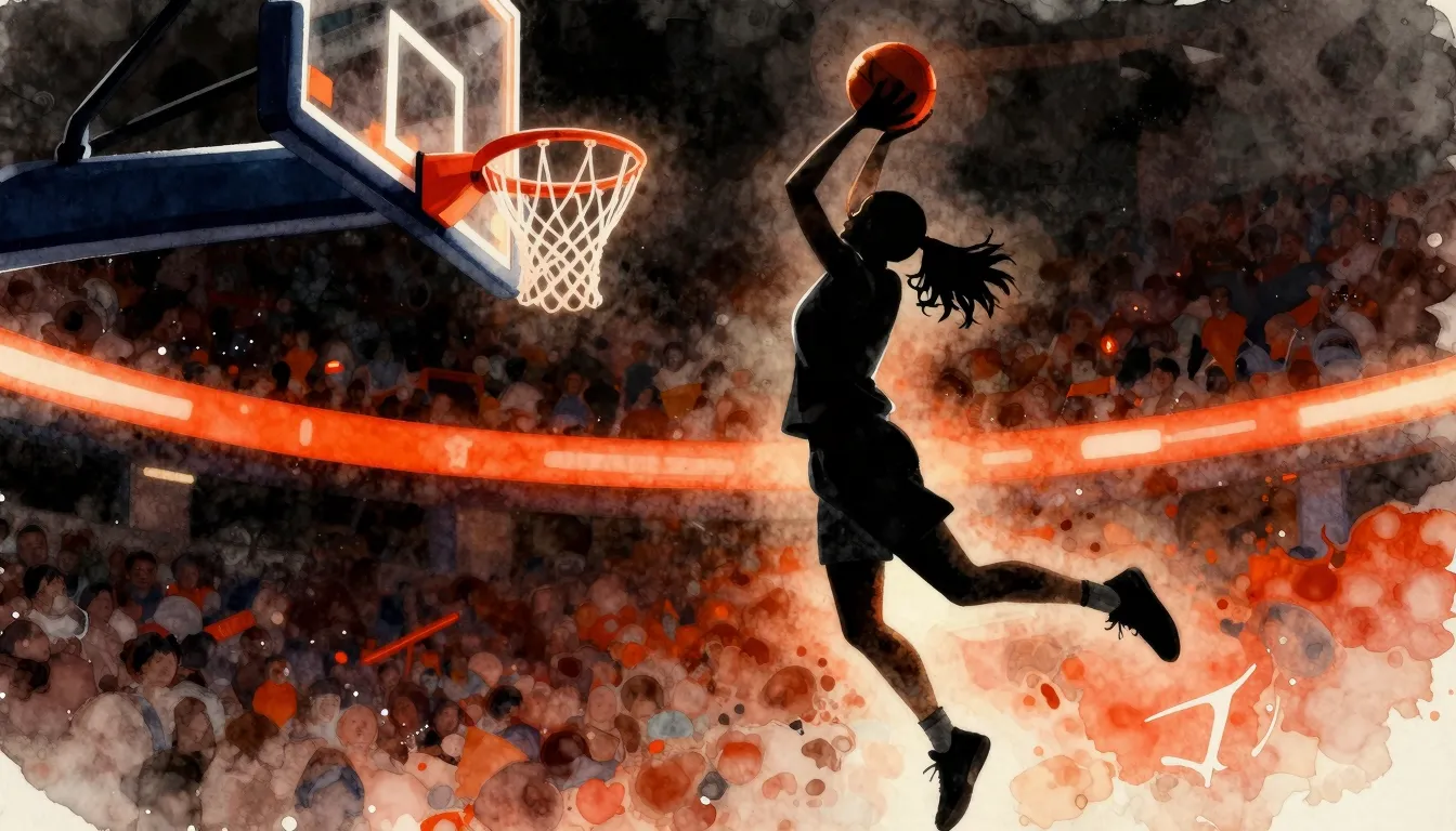Watercolor style. Silhouette of a female basketball player j...