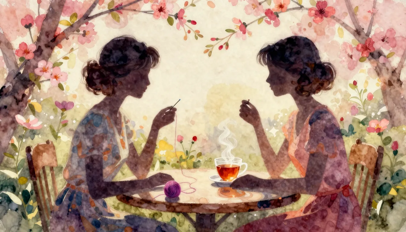 Vibrant watercolor style. Two women silhouettes sitting at a...