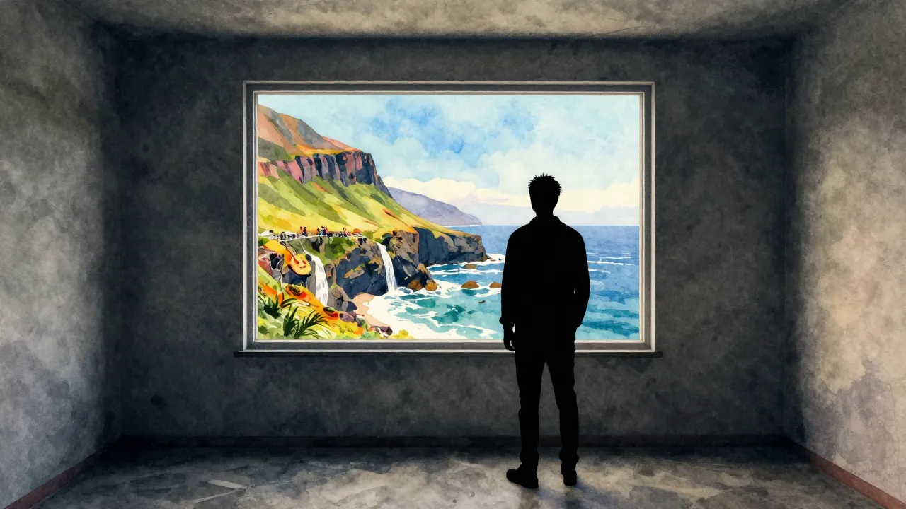 Vibrant watercolor style. A lonely silhouette standing in a ...