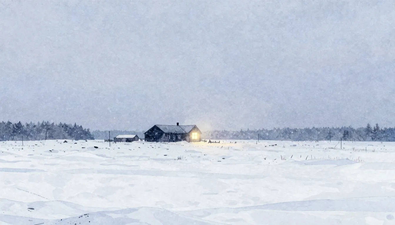 Watercolor style. A vast winter steppe at dawn, glowing wind...