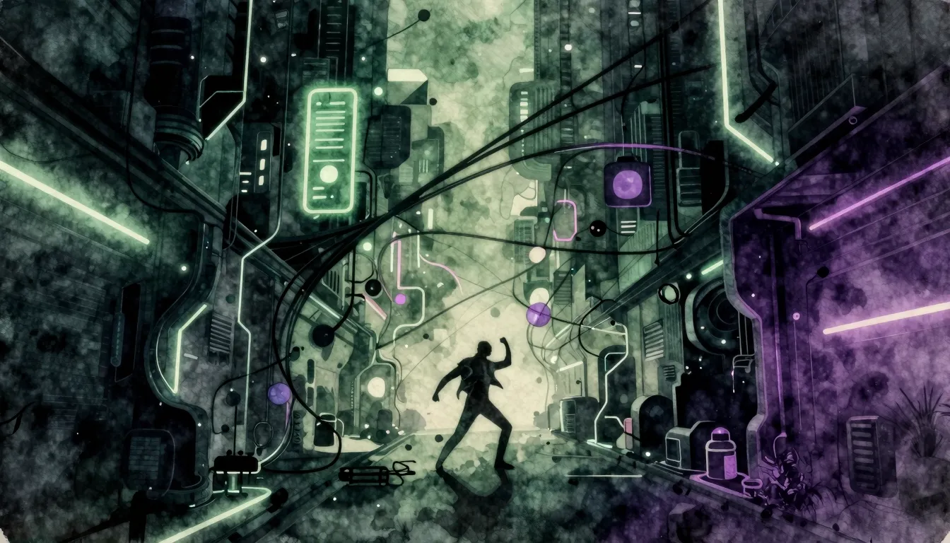 Watercolor style. Dark cyberpunk city alley, glowing neon ca...