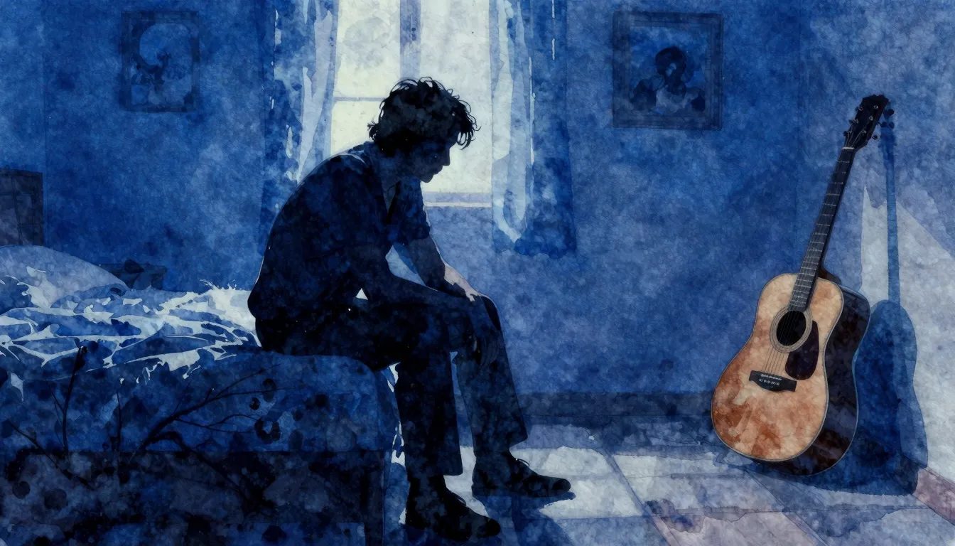 Vibrant watercolor style. A lonely silhouette of a man sitti...