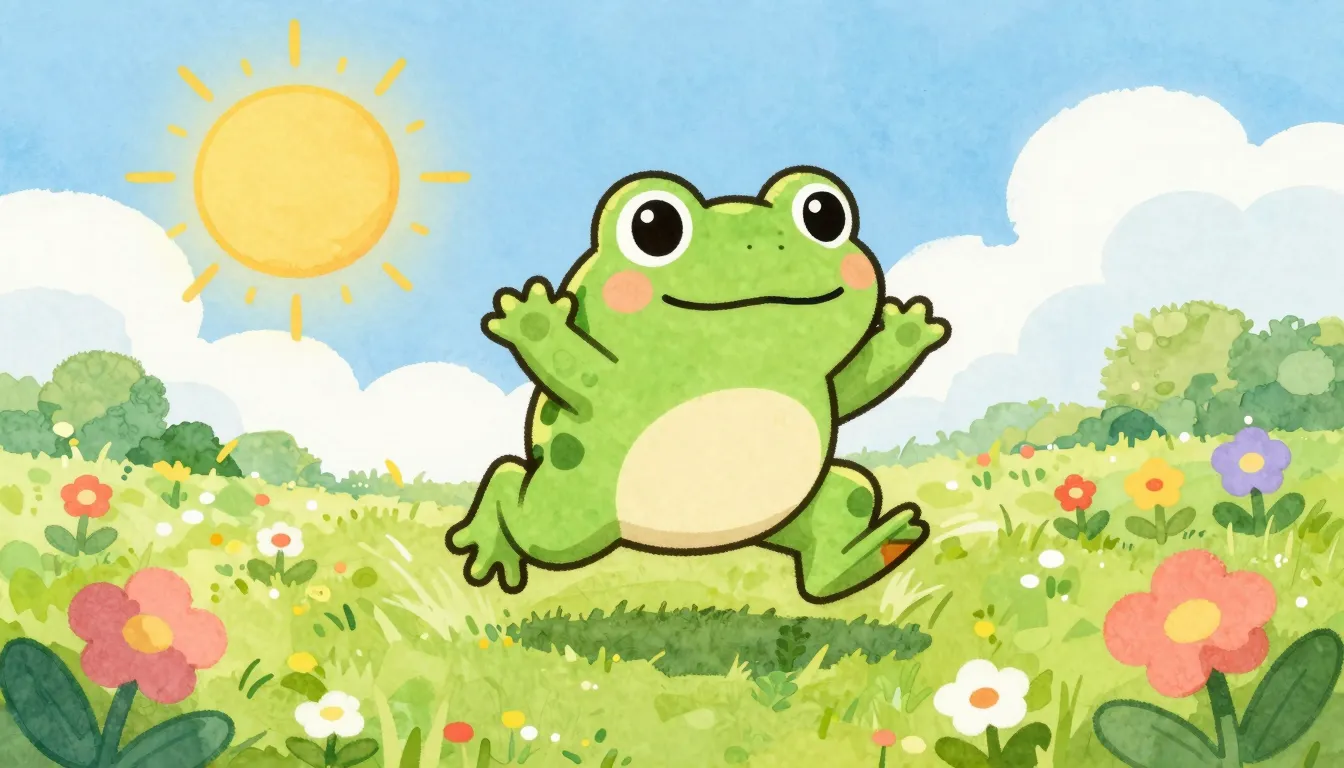 Vibrant watercolor style. Cute little frog jumping in a sunn...