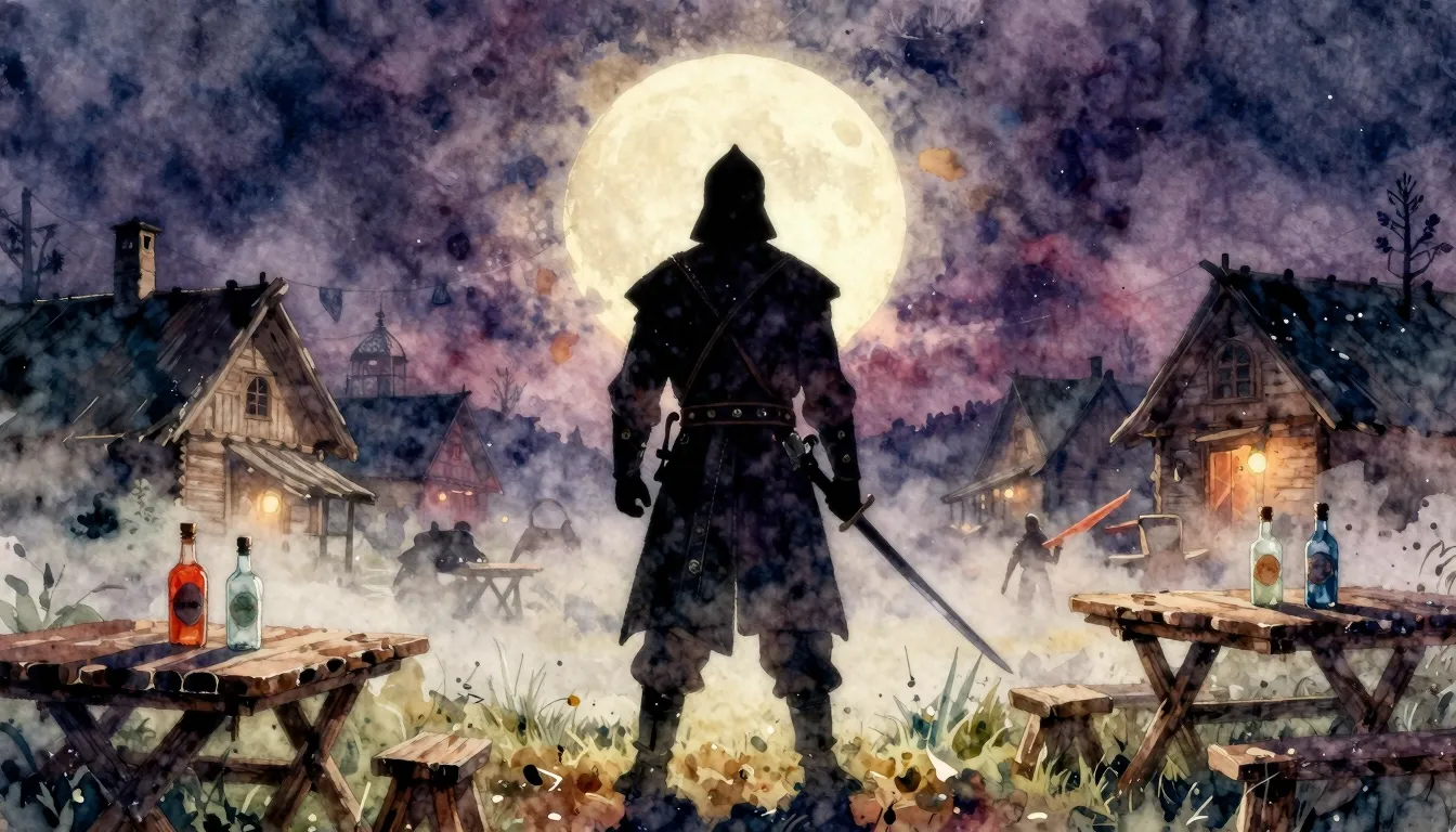 Vibrant watercolor style. Heavy metal album cover, silhouett...