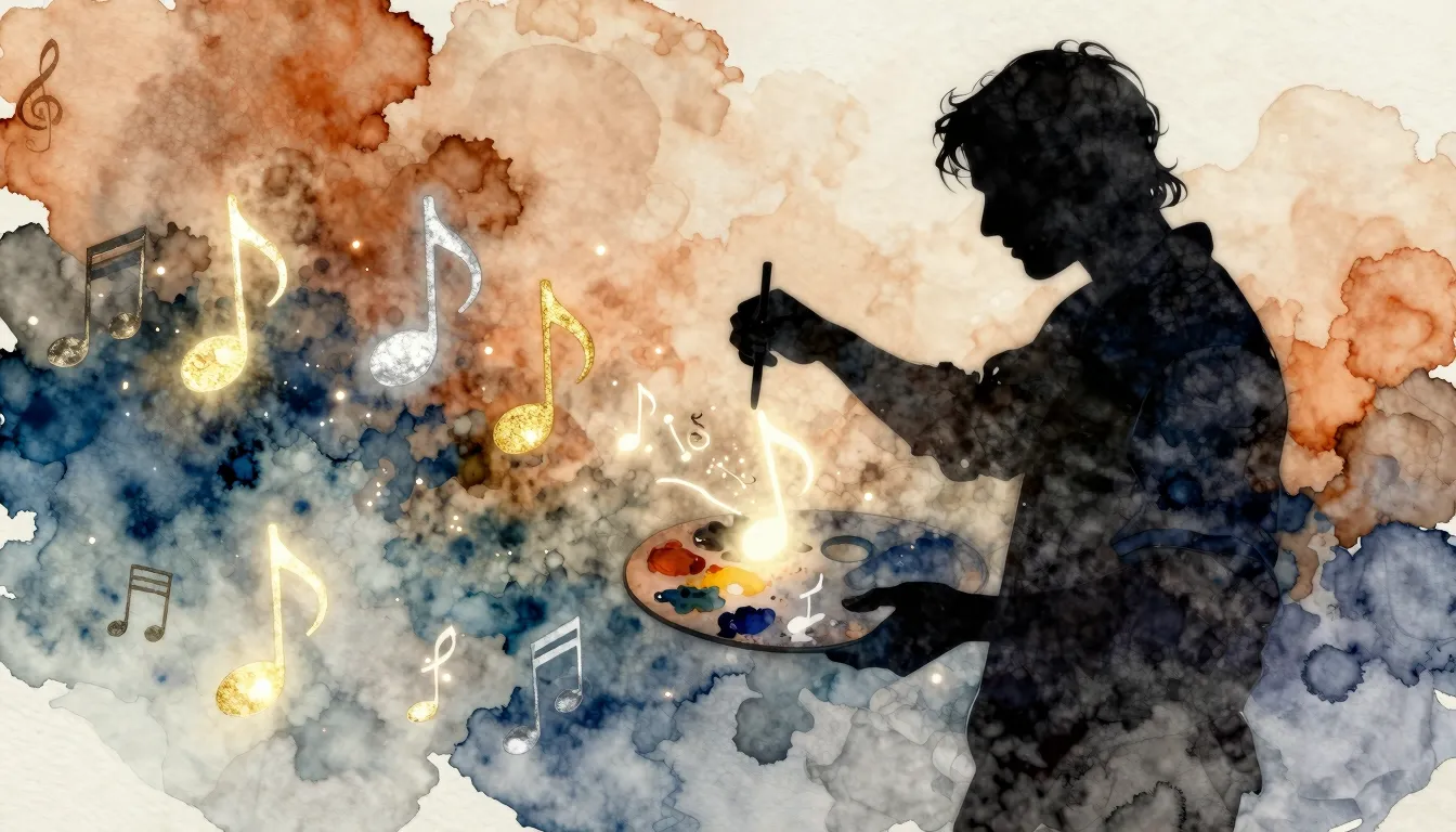 Watercolor style. Silhouette of a creator mixing glowing mus...