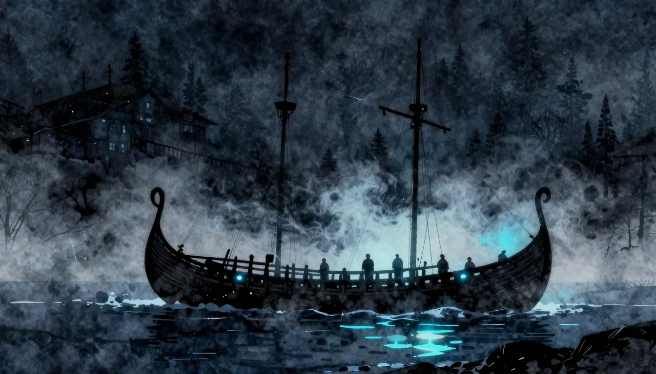 Watercolor style. Dark snowy landscape, silhouette of a long...