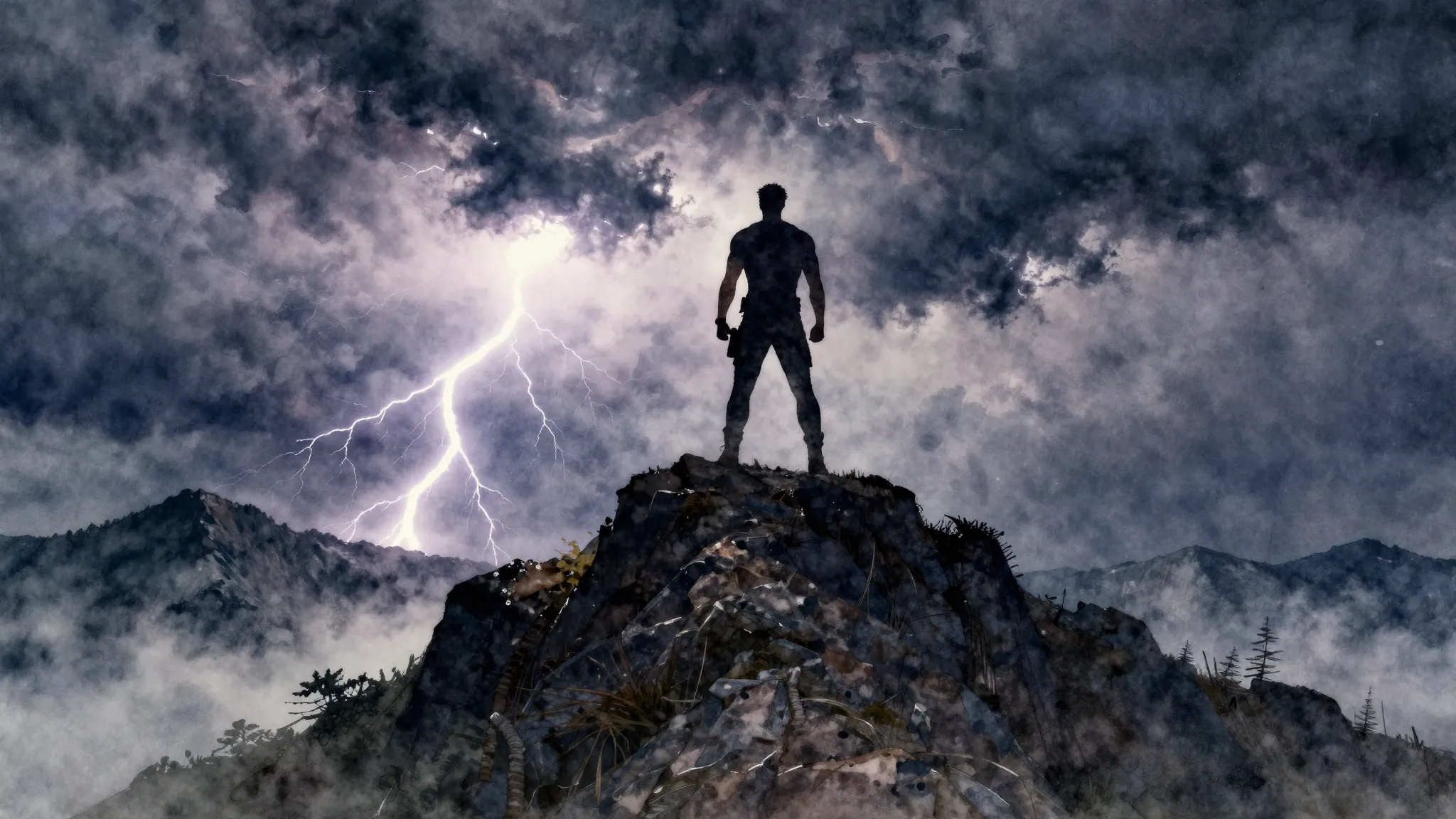 Watercolor style. Silhouette of a strong man standing on a h...