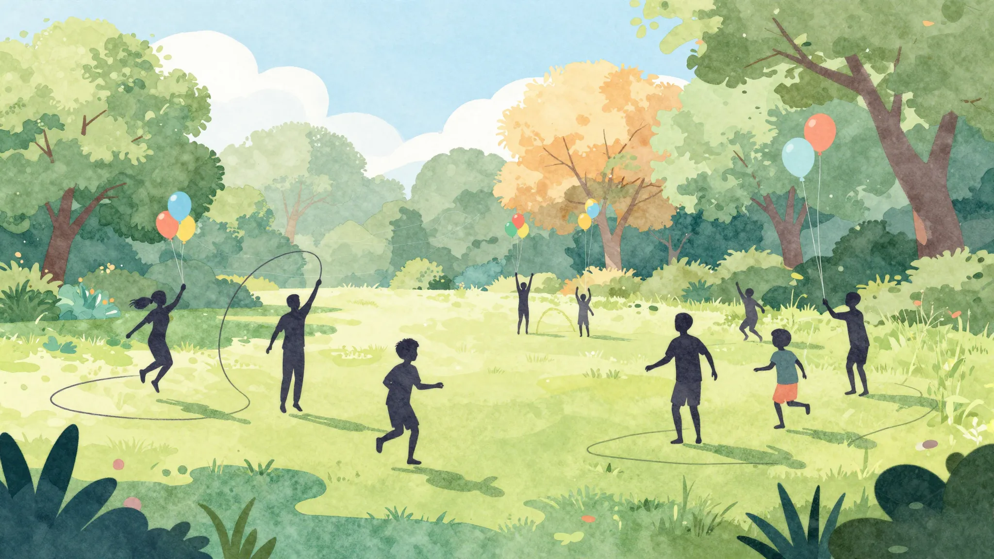 Watercolor style. Silhouettes of small figures playing in a ...