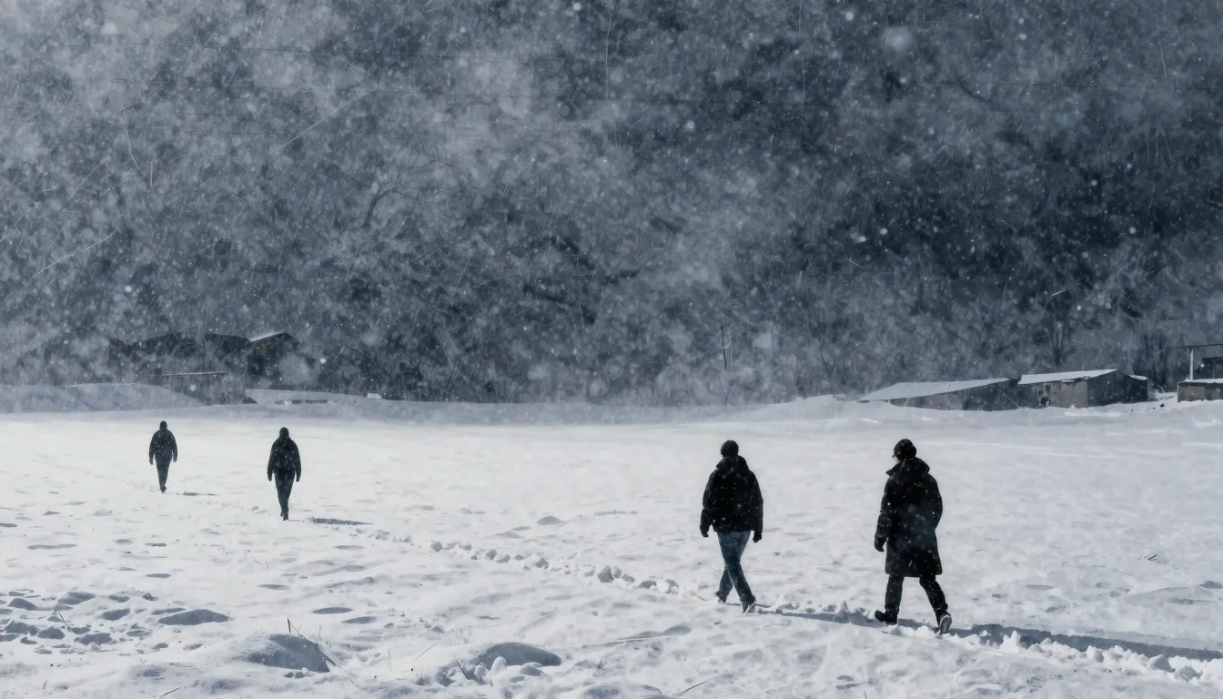 Watercolor style. Dark silhouettes walking through endless s...