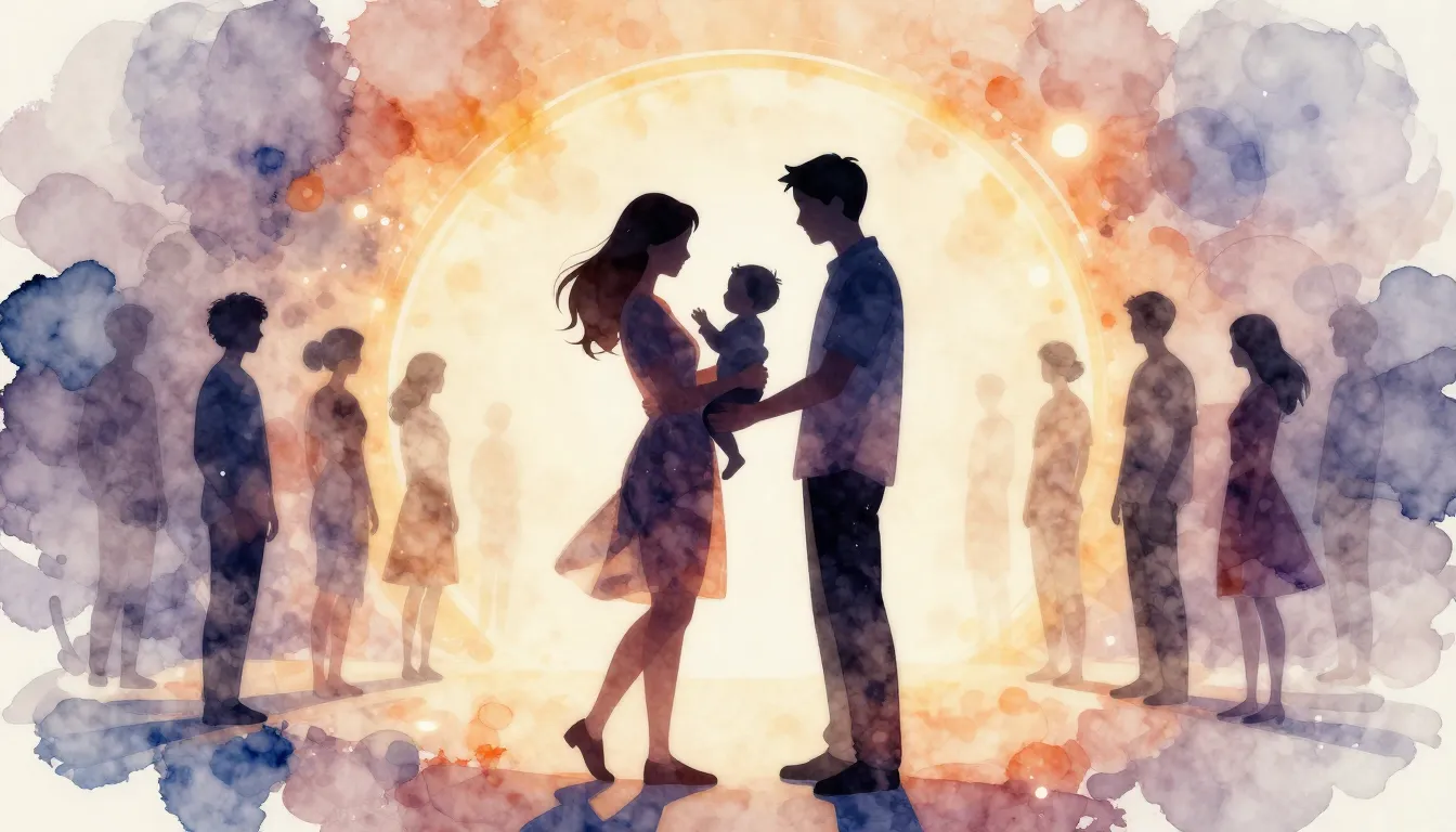 Watercolor style. Silhouette of a woman holding a baby, stan...