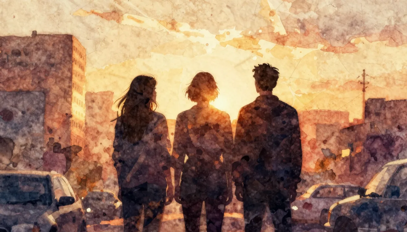 Vibrant watercolor style. Cinematic album cover, a silhouett...