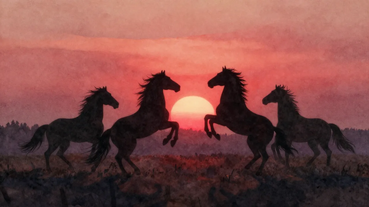 Watercolor style. A dramatic sunrise over a vast field, silh...