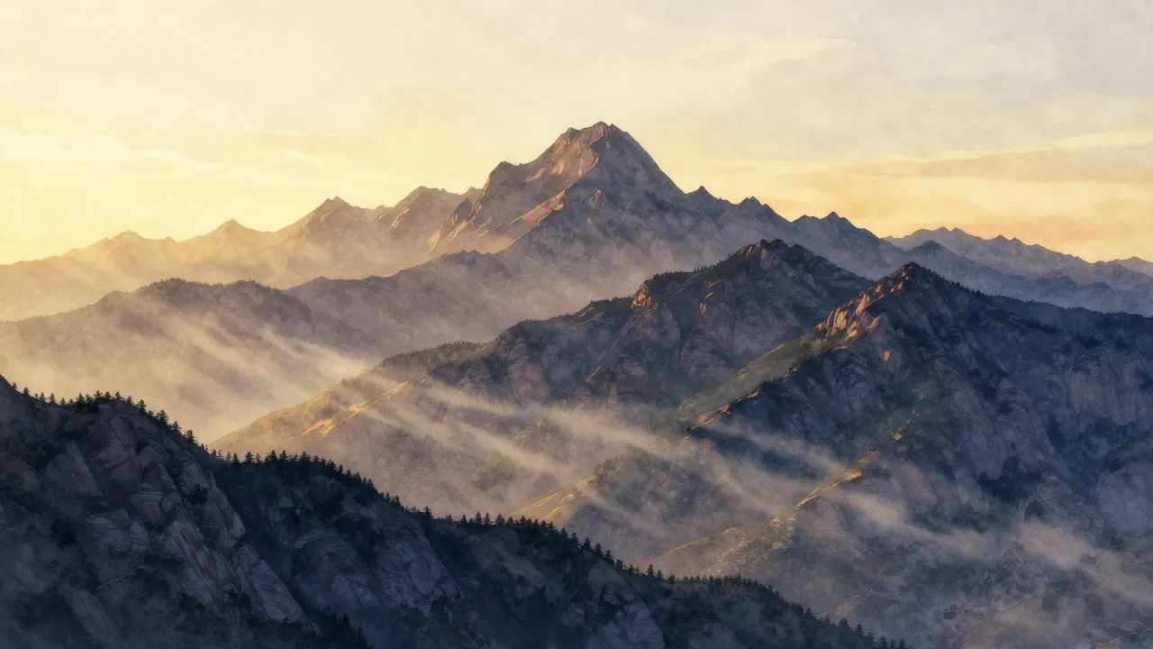Watercolor style. A majestic mountain landscape at dawn, sil...