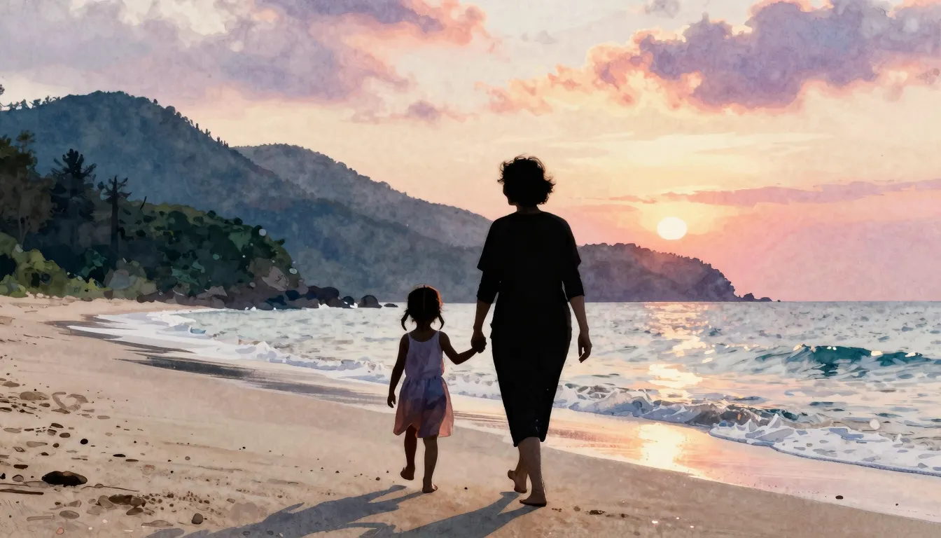 Watercolor style. Silhouette of a grandmother and a little g...