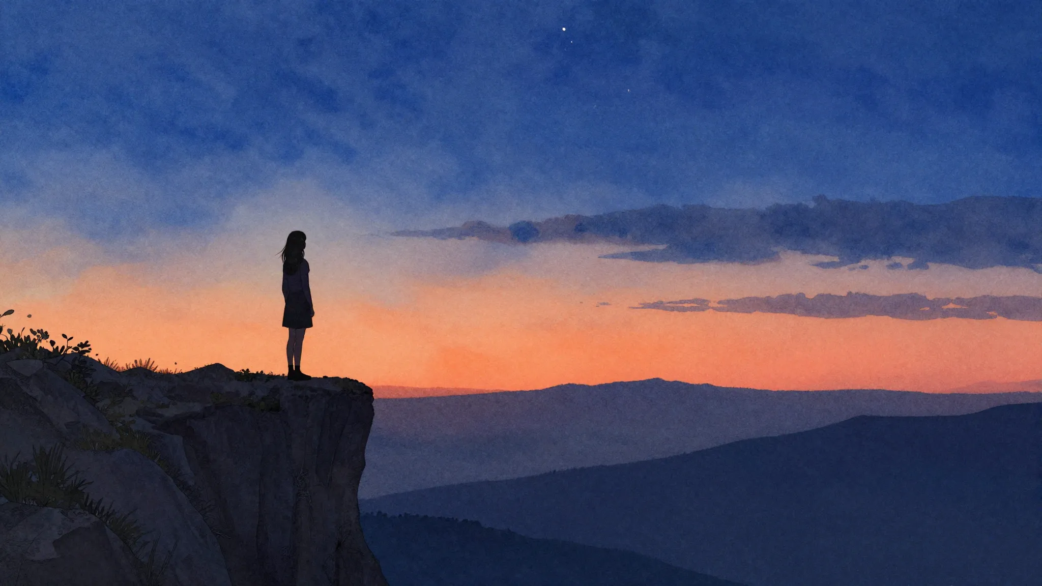 Vibrant watercolor style. A lonely silhouette of a woman sta...